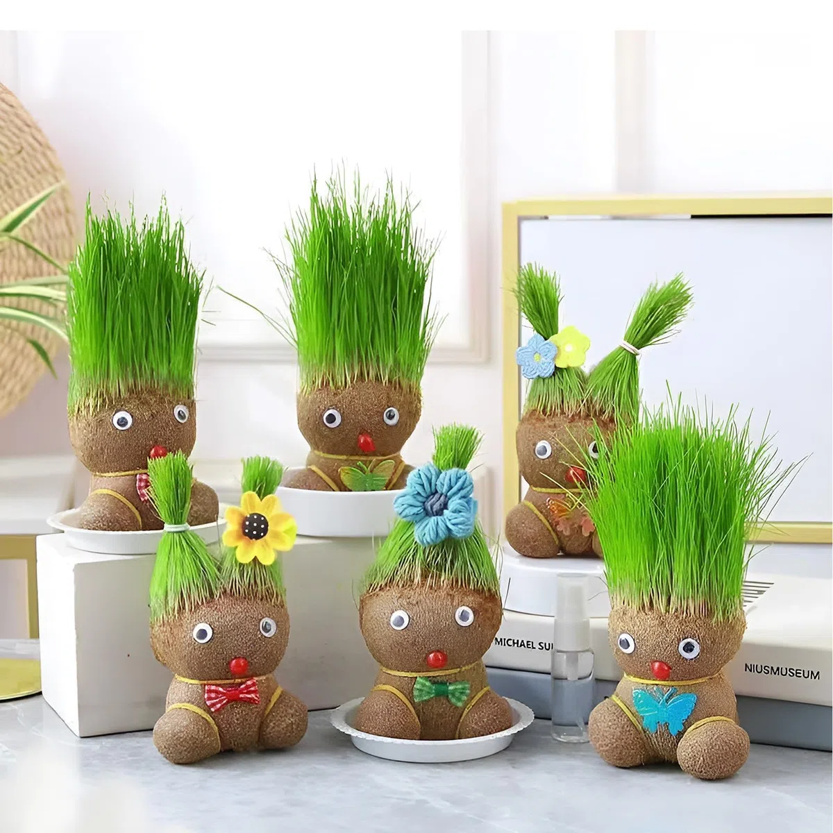 Testa di erba per bambole, testa di erba, testa di erba, pianta per bambini, mini bonsai erba, testa di fiori, testa di erba, bonsai con vassoio piante in vaso per camera da letto