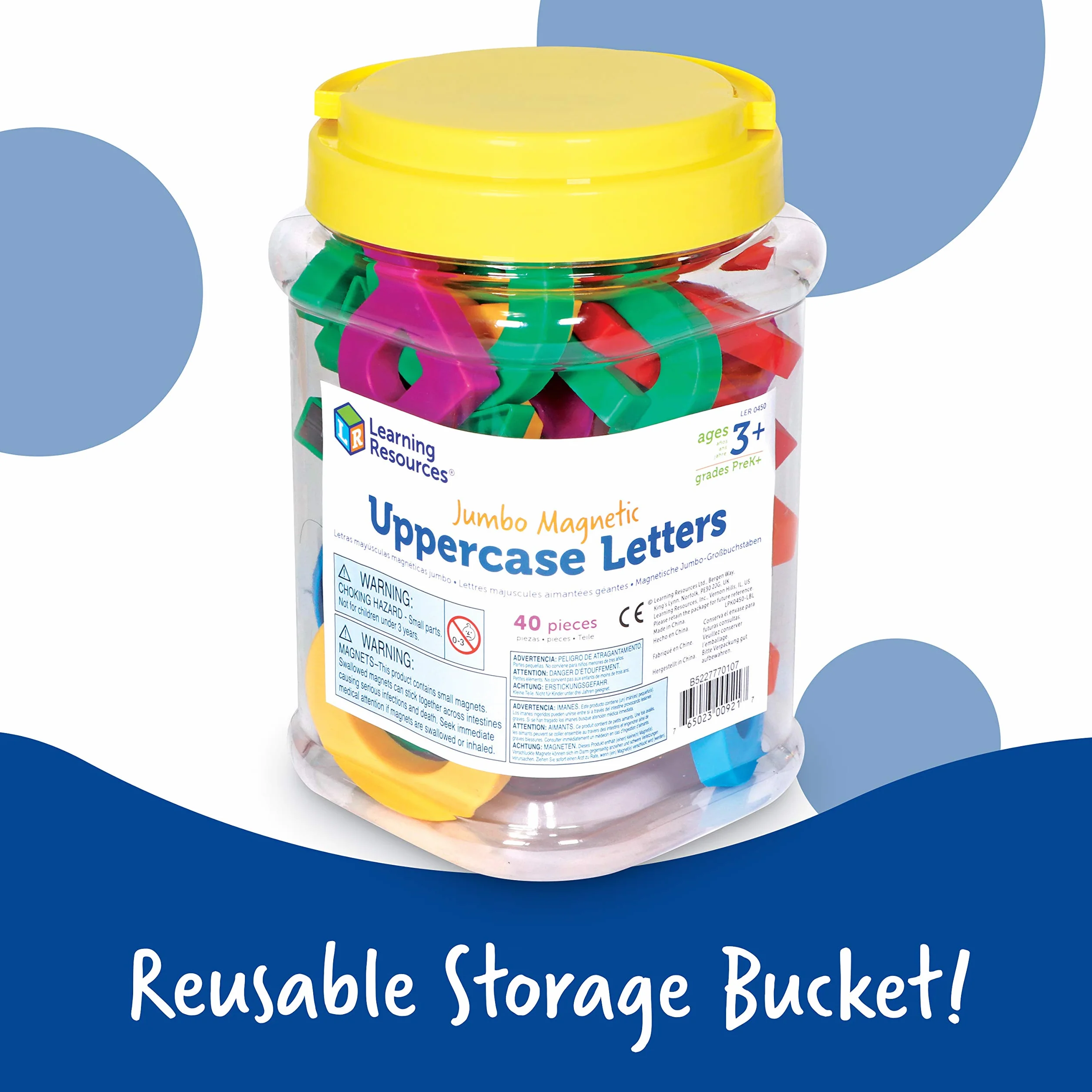Learning Resources Lettere Maiuscole Magnetiche Jumbo, dai 3 Anni, Set da 40, Alfabetizzazione e Ortografia, Lettere Colorate con Base Magnetica
