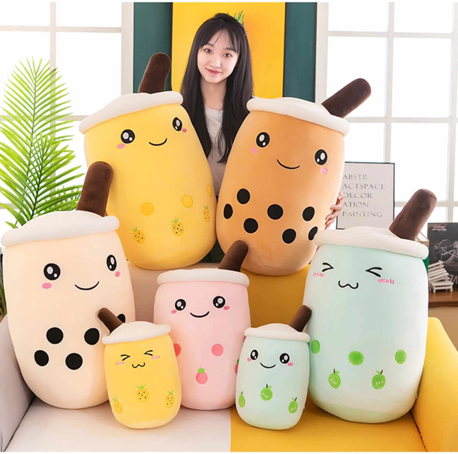 Bubble Tea - Peluche a forma di boba, morbido e morbido, per bambini, giocattolo (strabismo rosa, 35 cm)