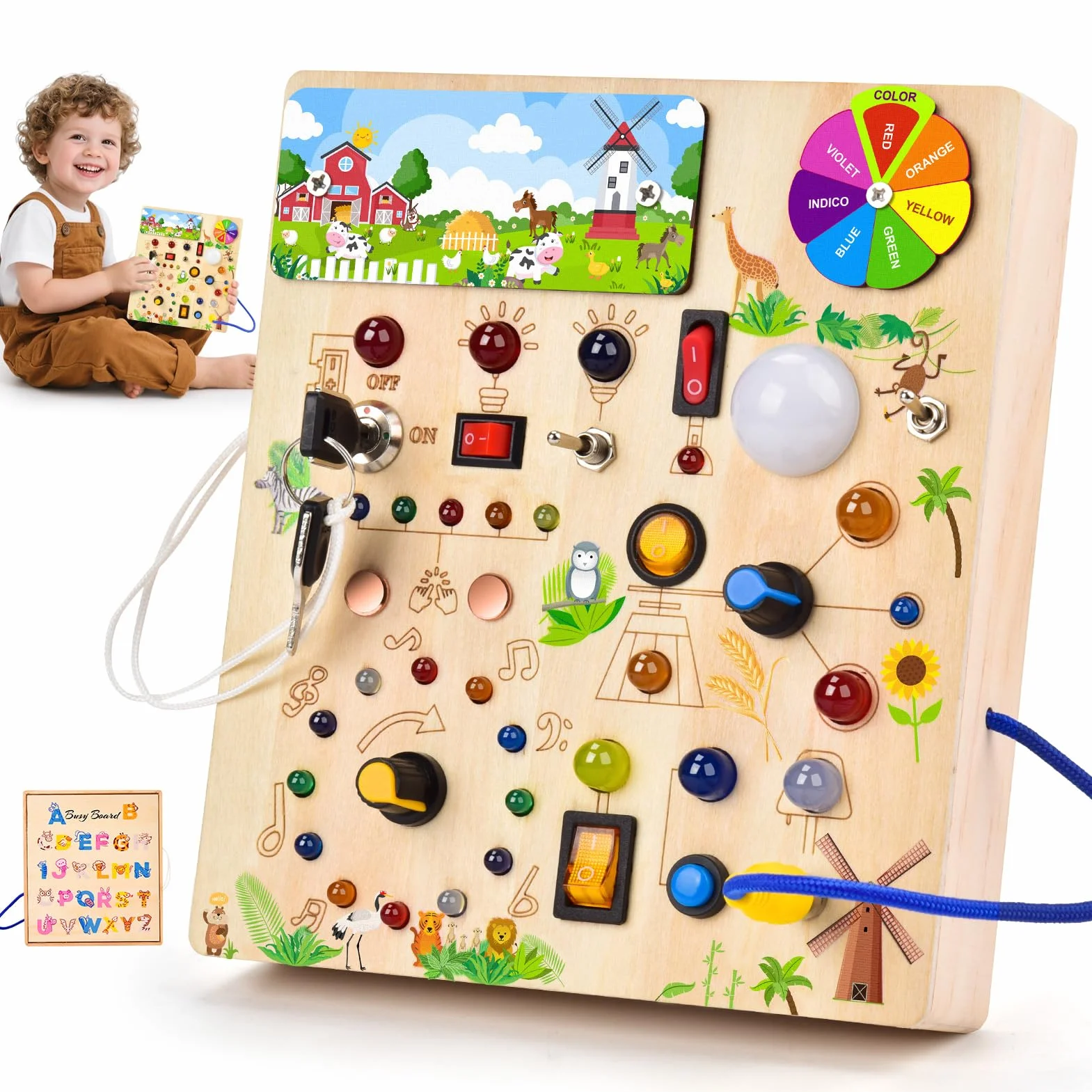 Busy Board Montessoris Activity board 1 anni,Giochi Montessori per Bambini 2 Anno,Busy Board Montessori per Bambini di Gioco Legno 1 Anno,Activity Boards 1 Anno con 29 LED Giocattoli Sensoriali