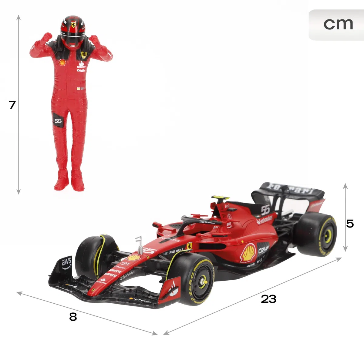 Ferrari SF-23 Carlos Sainz Nr 55 Stagione 2023 Formula 1 F1 - scala 1/24 23cm Modello Auto con figura del pilota DieCast Bburago 18-26809-55