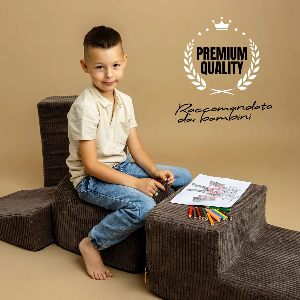 MEOWBABY Playset in Schiuma Morbida - Percorso a Ostacoli per Bambini, 4 Blocchi Modulari, Area Giochi Sicura e Interattiva 195x45 cm, Perfetto per Neonati e Prima Infanzia, Kord, Crema