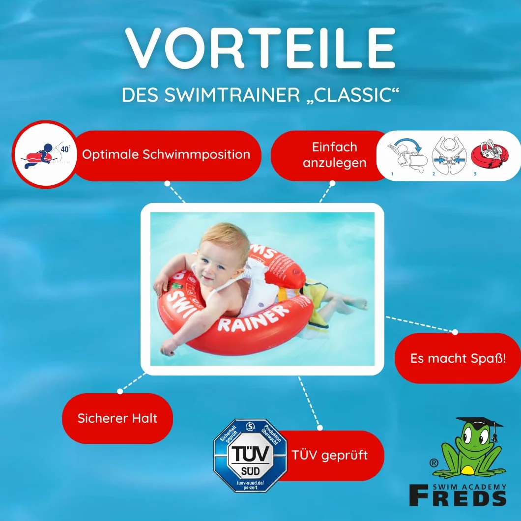 FREDS SWIM ACADEMY SWIMTRAINER Classic Rosso - Allenatore di nuoto per bambini dai 3 mesi ai 4 anni - aiuto gonfiabile per il nuoto per abituarsi all'acqua, per principianti