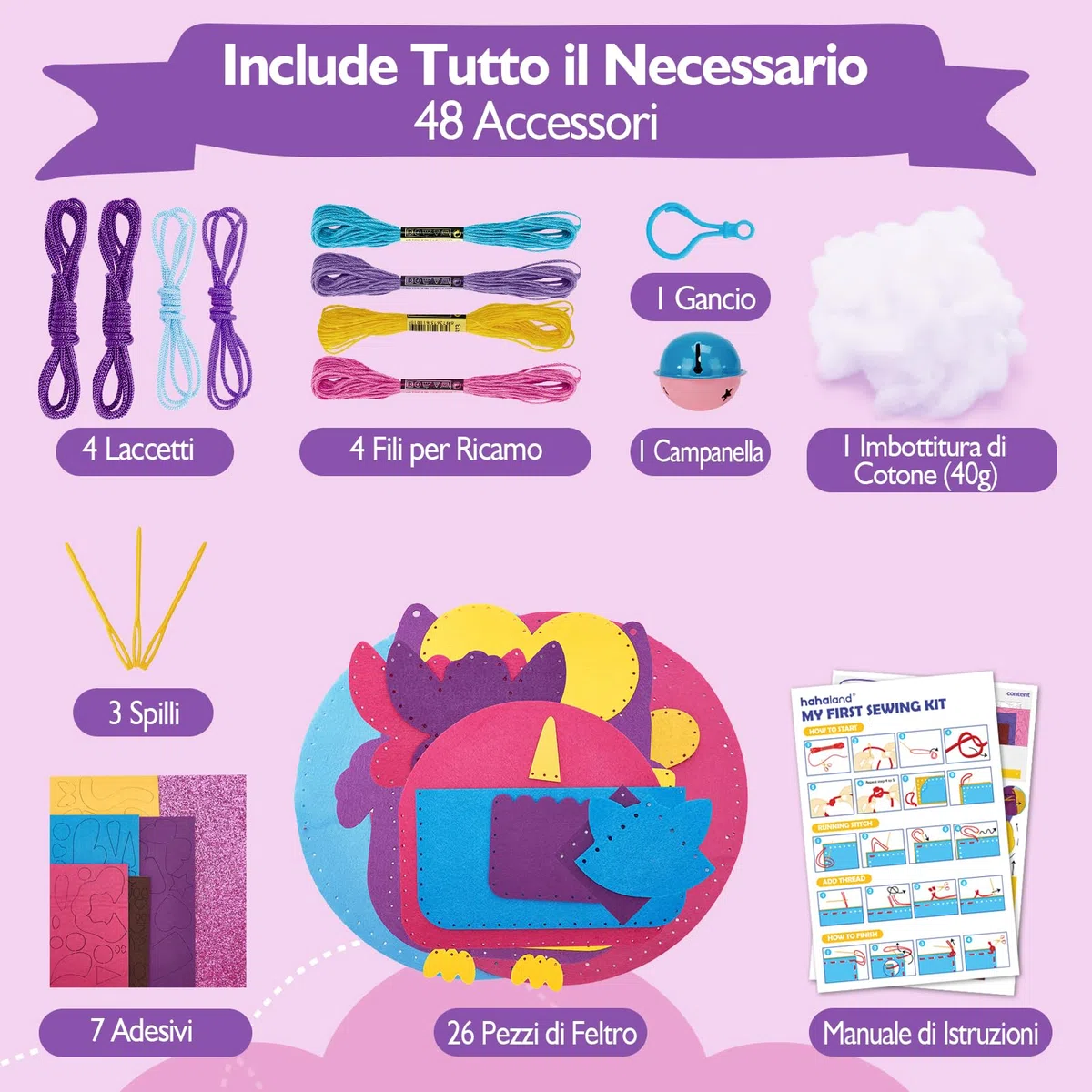 hahaland Kit Cucito Bambina 6-8 Anni, Feltro Fai da Te per Uncinetto Principianti, 8 Semplici Progetti Set Lavoretti Cucitura, Regalo Bambino 6 7 8 9 10 Anno