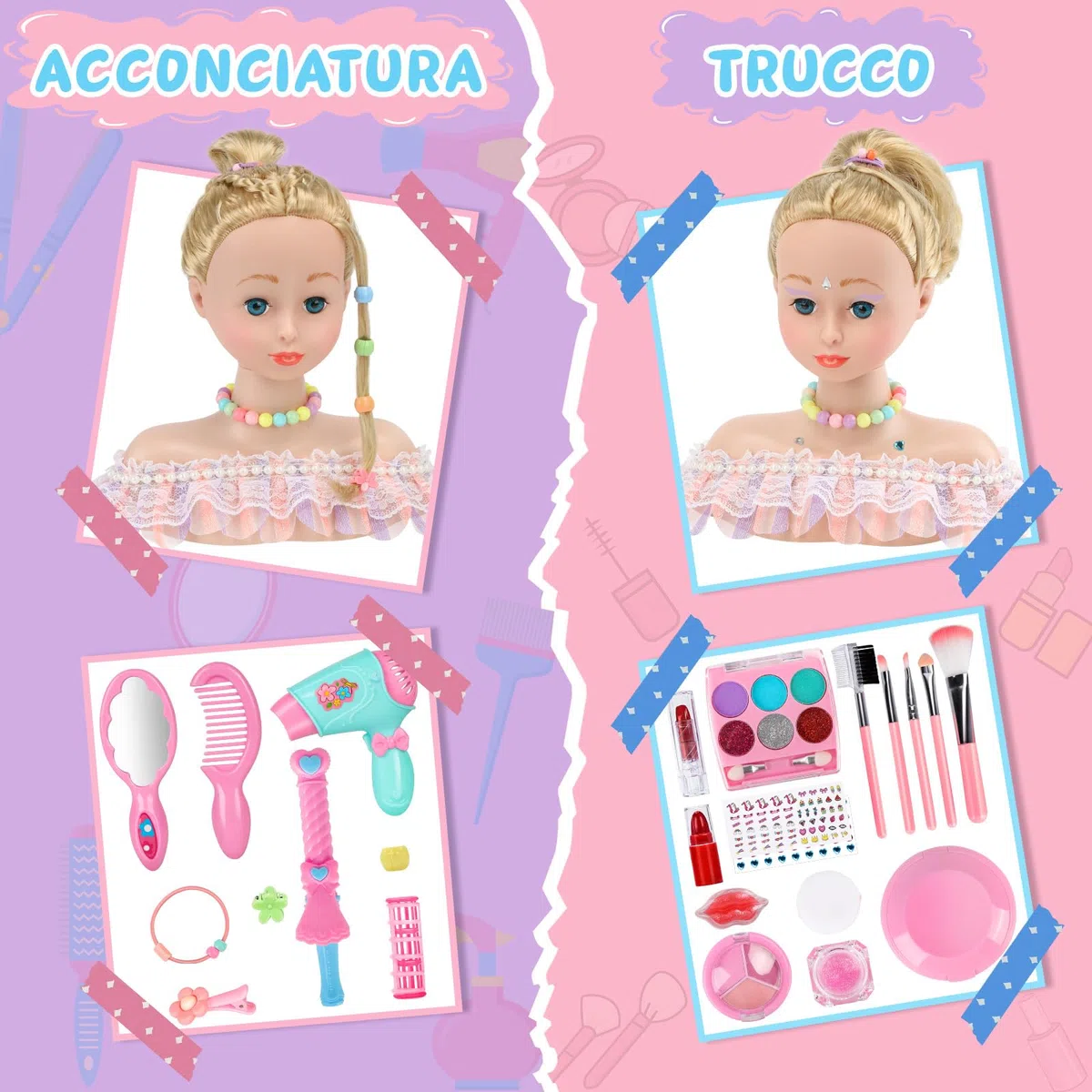BuzzoXerex Testa Bambola da Truccare e Pettinare, 58 Pezzi Testa da Pettinare Bambina, Bambola da Truccare Regalo di Compleanno, Natale per Bambini a Partire Dai 3 Anni (Rosa)
