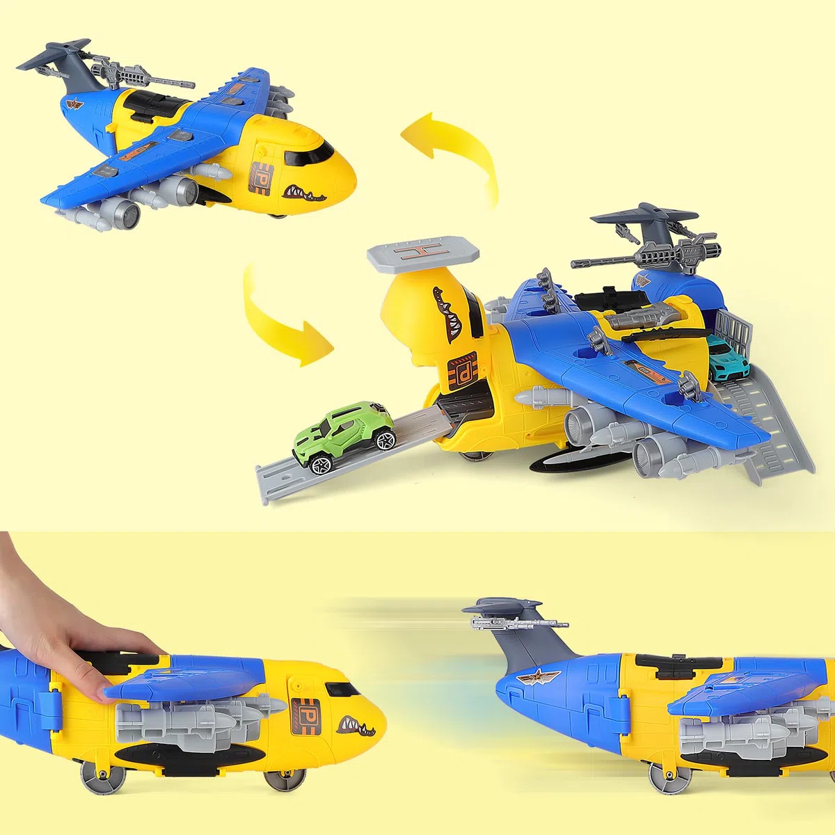 deAO Trasporto Aereo e Set di Giocattoli per Auto, Trasporto Aereo Auto Giocattolo Aerei Giocattolo per Bambini, Aereo da Trasporto con 1 Elicotteri 8 Mini Auto 10 Segnali Stradali Regalo per Bambin