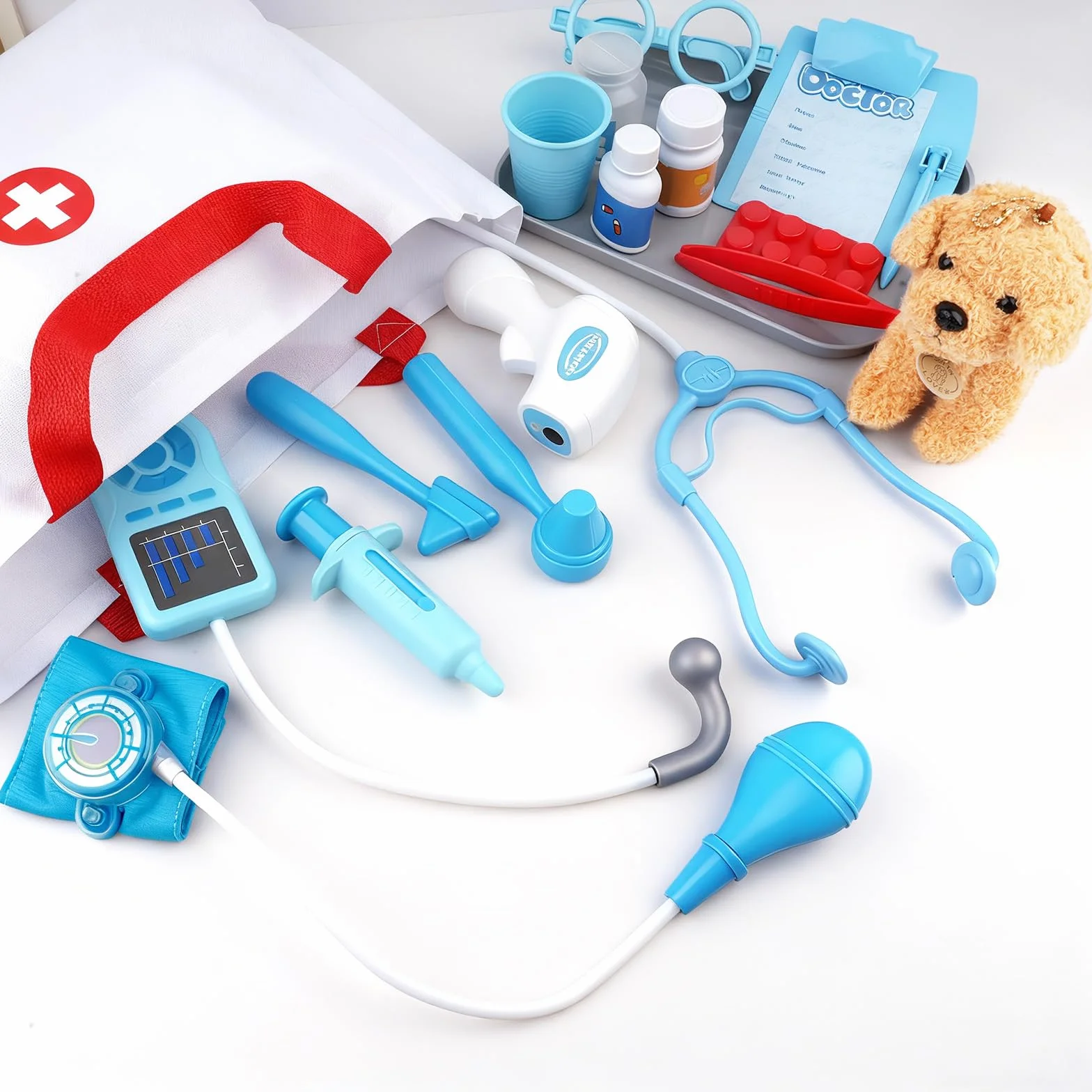 Valigetta Medica per Bambini Dai 3 Anni in su, con Cane in Peluche, Stetoscopio, Borsa Medica e Camice Medico, Giocattolo Veterinario, Regalo per Ragazzi e Ragazze, Giochi di Ruolo