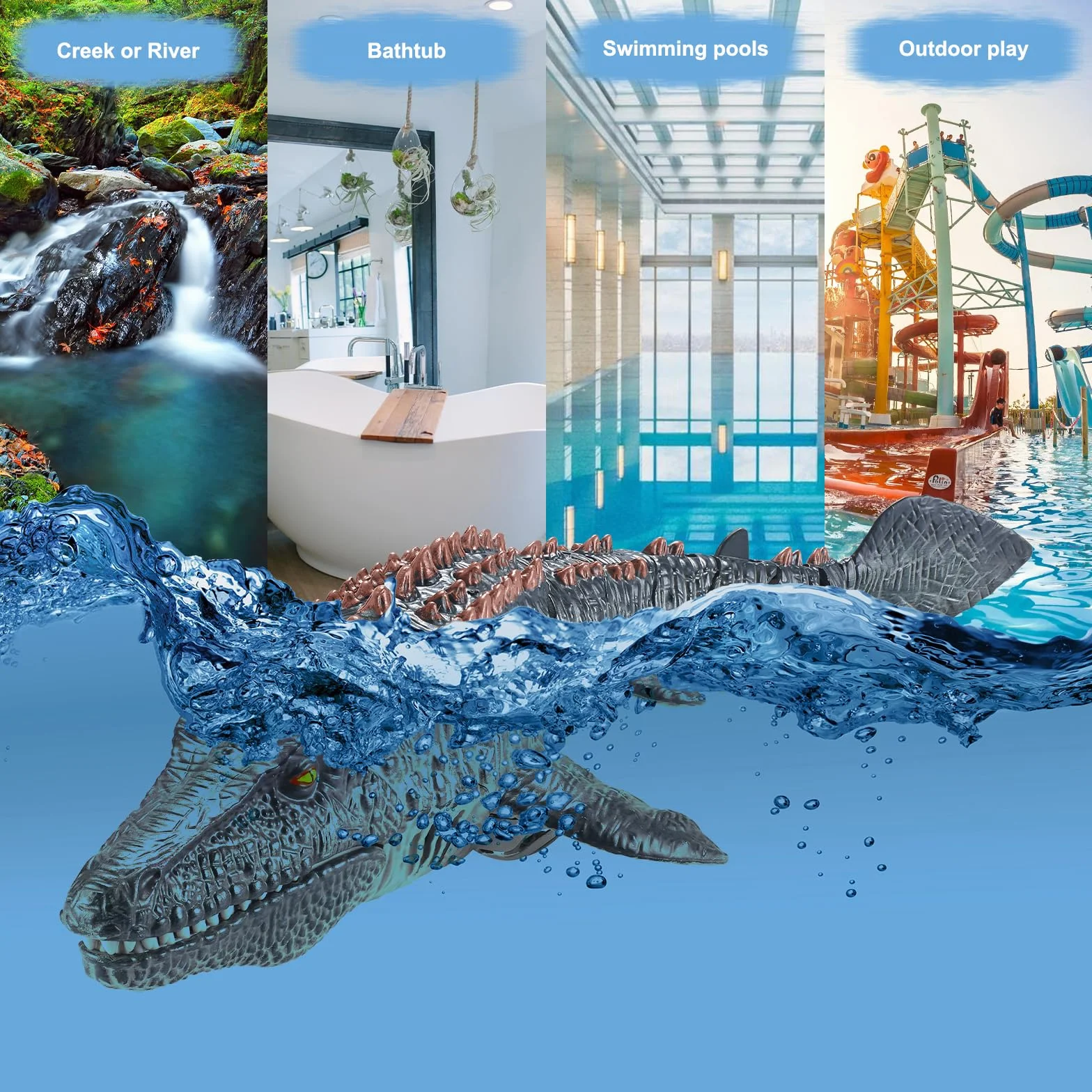 Giocattoli Mosasaurus Telecomandati per Bambini, Barca Elettrica per Dinosauri RC con Acqua Spruzzata e Luce per Il Bagno del Lago della Piscina, Giocattoli da Bagno (Grigio)