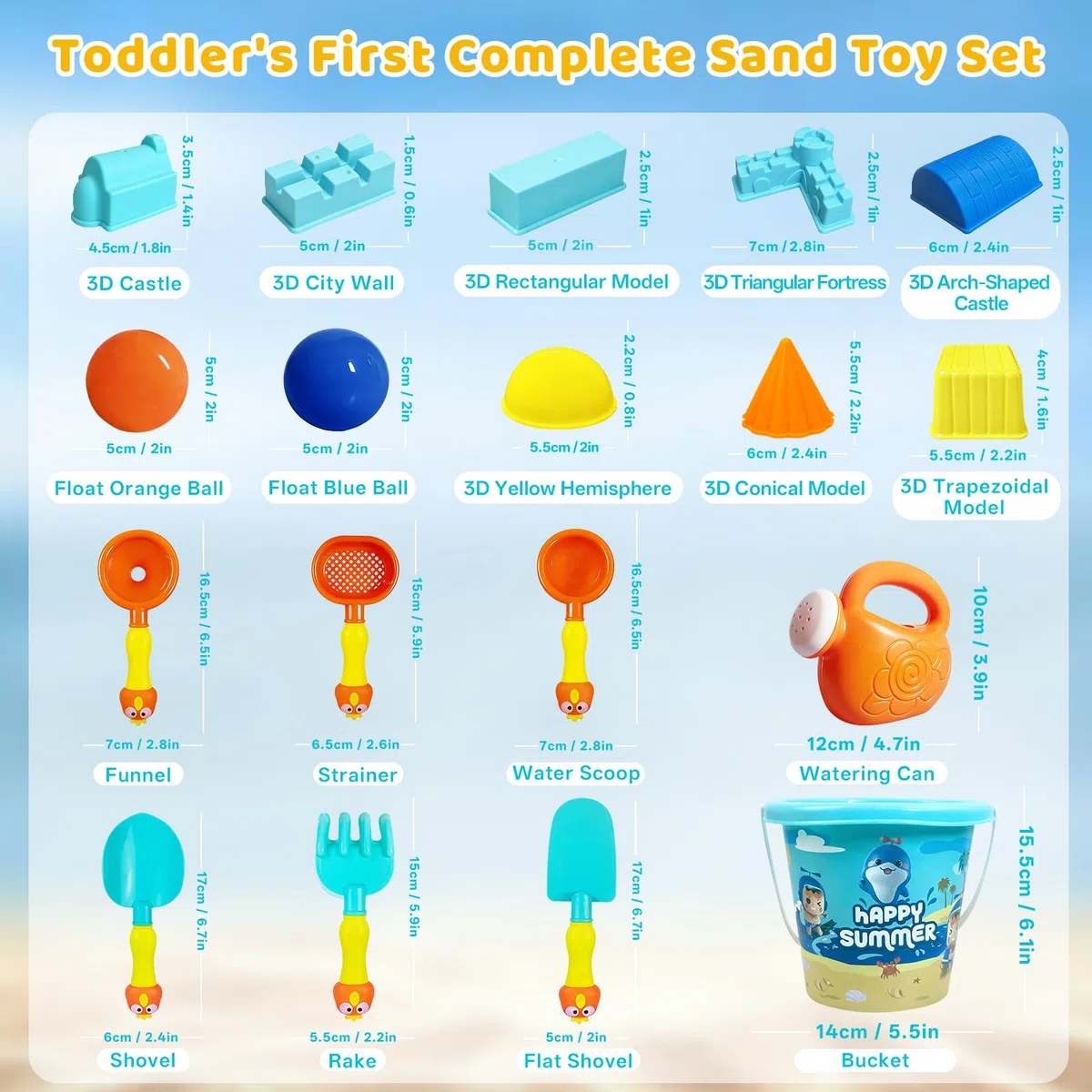 Giochi da Spiaggia per Bambini, 20Pezzi Accessori per Sabbiera con Secchiello e Paletta, Annaffiatoio, Formine Spiaggia e Borsa Rete, Giochi di Sabbia Estivi da Viaggio per Bambini Bambine