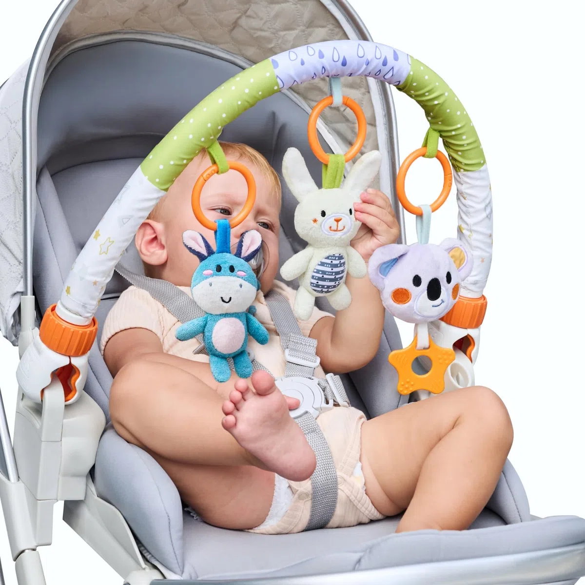 TUMAMA Giochi Arco Viaggio Passeggino per Neonato 0 3 6 9 12 Mesi, Peluche Animale Passeggino Giocattolo Gioco per Neonati Bambina Ragazzo, Clip On Auto Carrozzina con Sonaglio Teether Campana