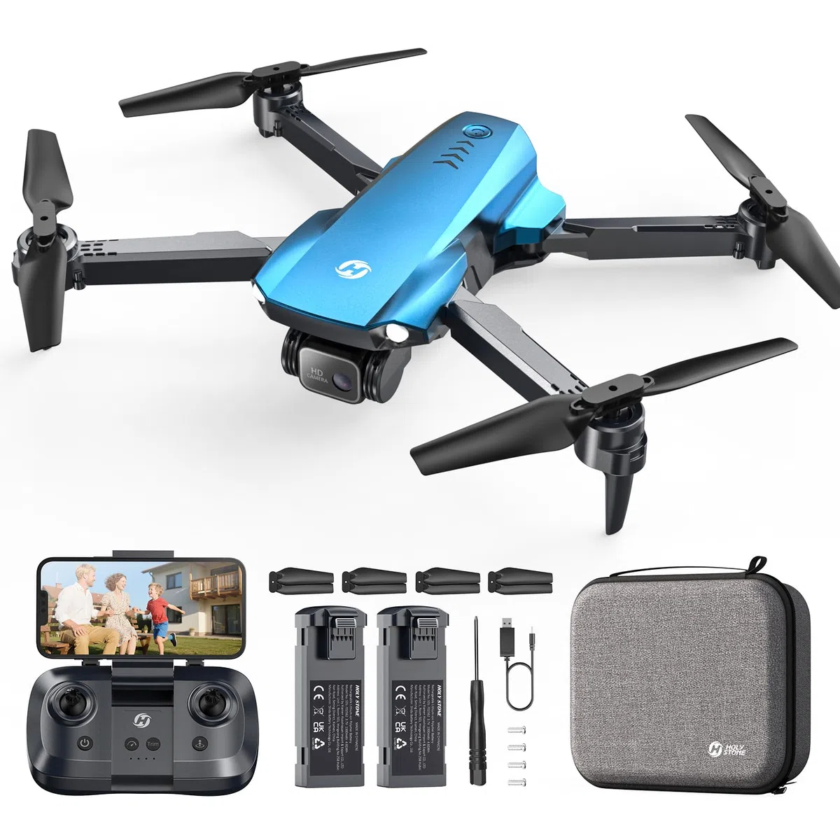 Holy Stone HS290 Drone Pieghevole con Fotocamera HD 1080P per Principianti Quadricottero RC con Flusso Ottico Controllo da App Tap Fly 2 Batterie Regalo per Bambini e Bambine Blu, C0