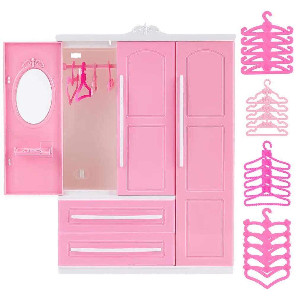 PH PandaHall Rosa Armadio per bambole mobili casa delle bambole guardaroba bambole organizer armadio con 40 pezzi 4 ganci di stile per casa delle bambole accessori per mobili regalo