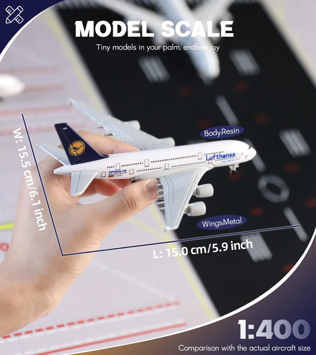 1/400 A380 modello in metallo per Airhansa Airbus A380 con ruote (15,5 cm) adatto per gli appassionati di aviazione da esposizione, può essere utilizzato anche come regalo o decorazione
