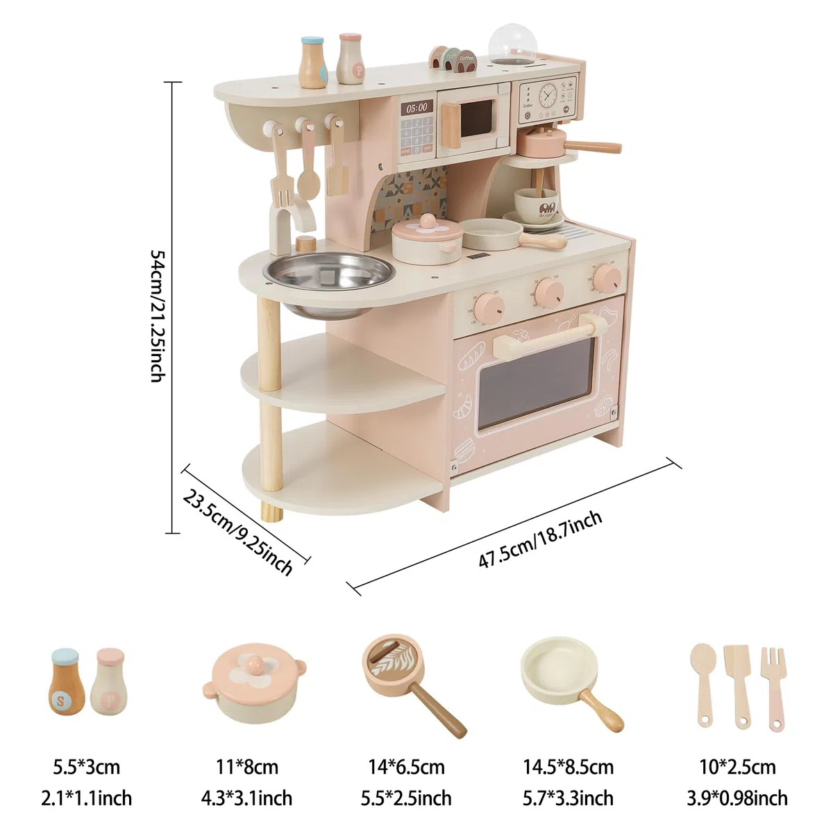 Cucina giocattolo in legno per bambini, con fornello e macchina da caffè, giocattolo in legno non tossico, set compatto da cucina per bambini giochi di ruolo a casa