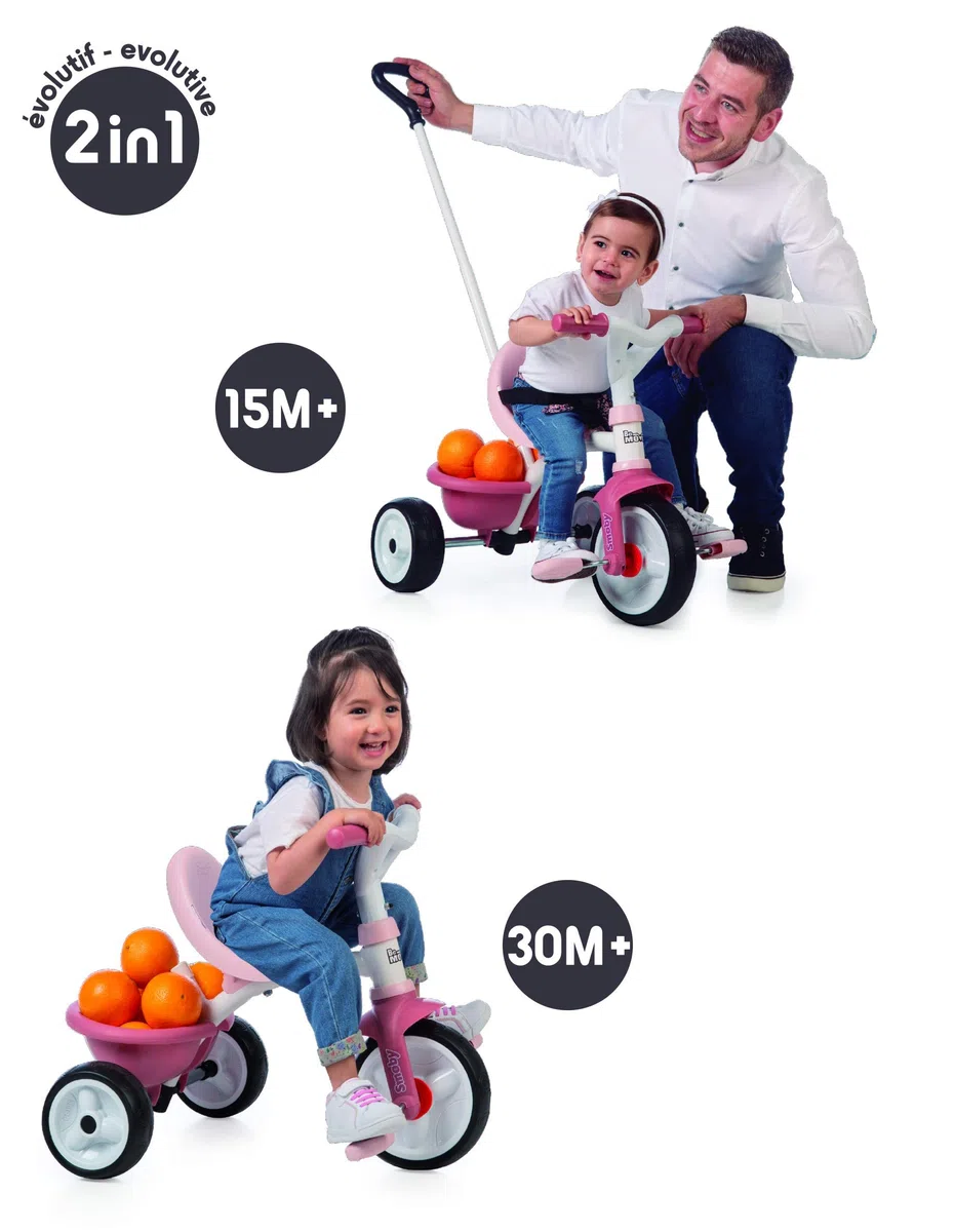 Smoby - Triciclo Be Move Girl, 7600740332, + 15 Mesi, Triciclo Evolutivo,Struttura di Metallo, Ruote Silenziose, Asta di Spinta
