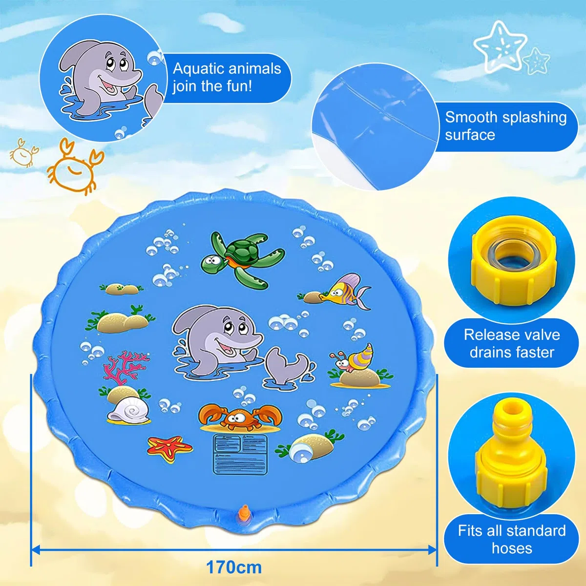 Tappeto Spruzzatore Acqua per Esterno 170 cm, Gioco Acquatico Estivo per Bambini 2 3+ Anni con Attacco per Tubo Giardino, Parco Giochi con Fontana per Cortile, Piscina Animali Domestici