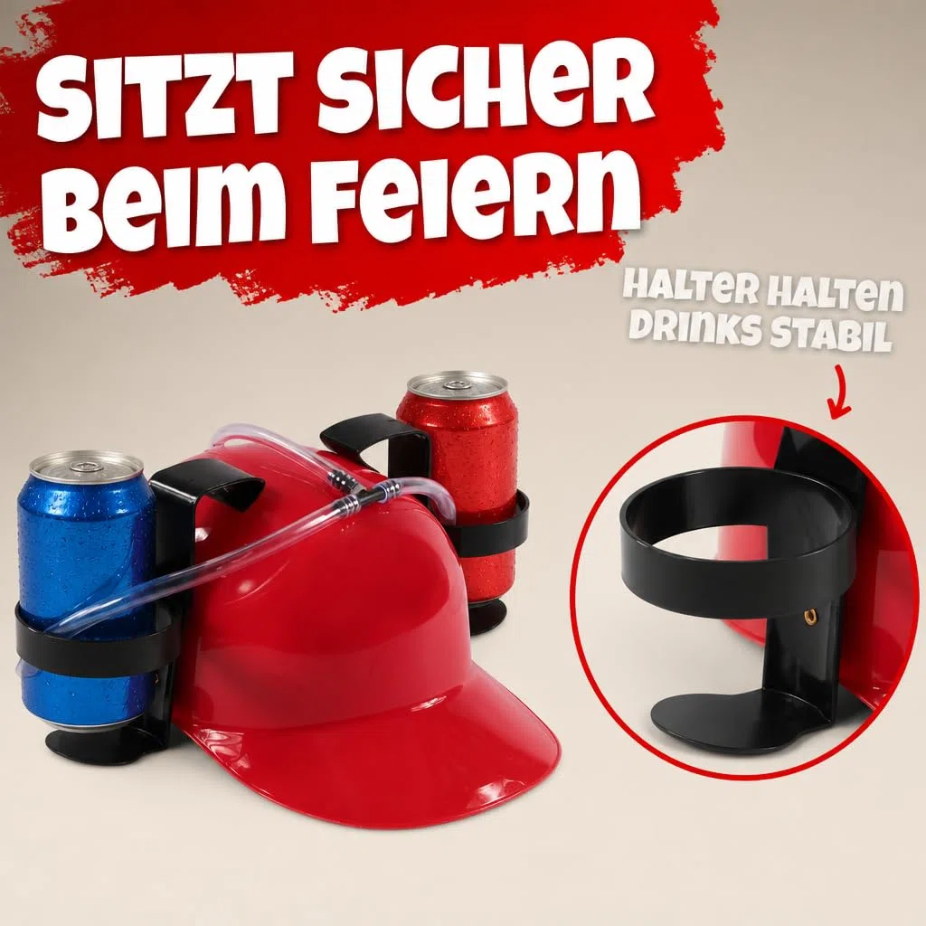 MIJOMA Casco per bere a mani libere con fattore di divertimento – Casco per bevande per feste, festival e carnevale – Supporto regolabile per lattine e bottiglie – Divertente gadget per feste