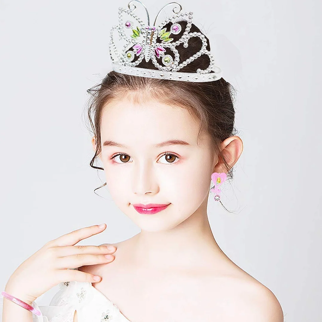 deAO Boutique Gioielli da Principessa con 4 Paia di Scarpe, bracciali, Collana, Borsa, Orecchini e Corona a Forma di Farfalla Tiara Inclusi