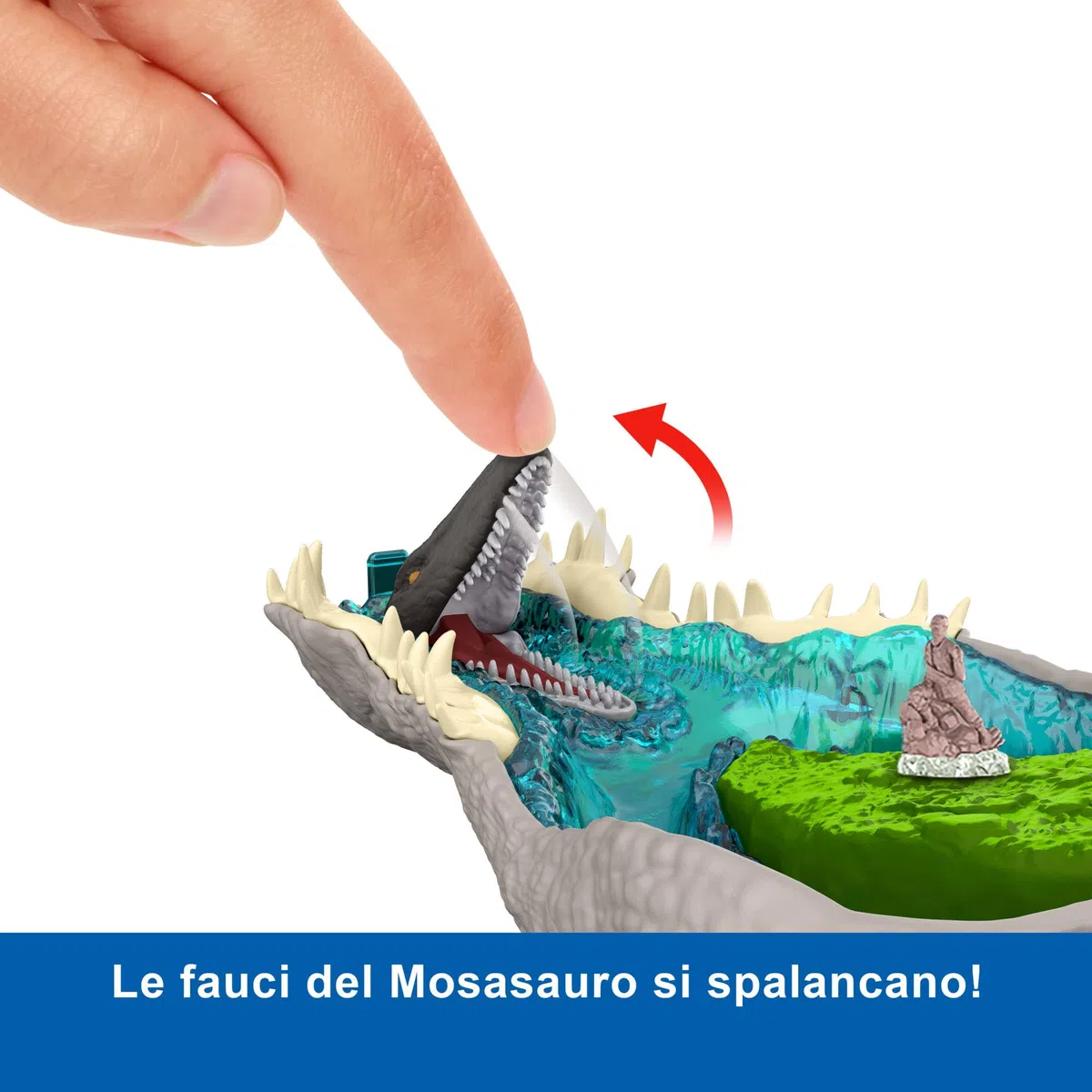 Mattel Jurassic World La Rinascita Micro Avventure, playset con testa di Spinosauro che si apre con 4 funzionalità interattive, 3 micro personaggi, dinosauro giocattolo, JGB98