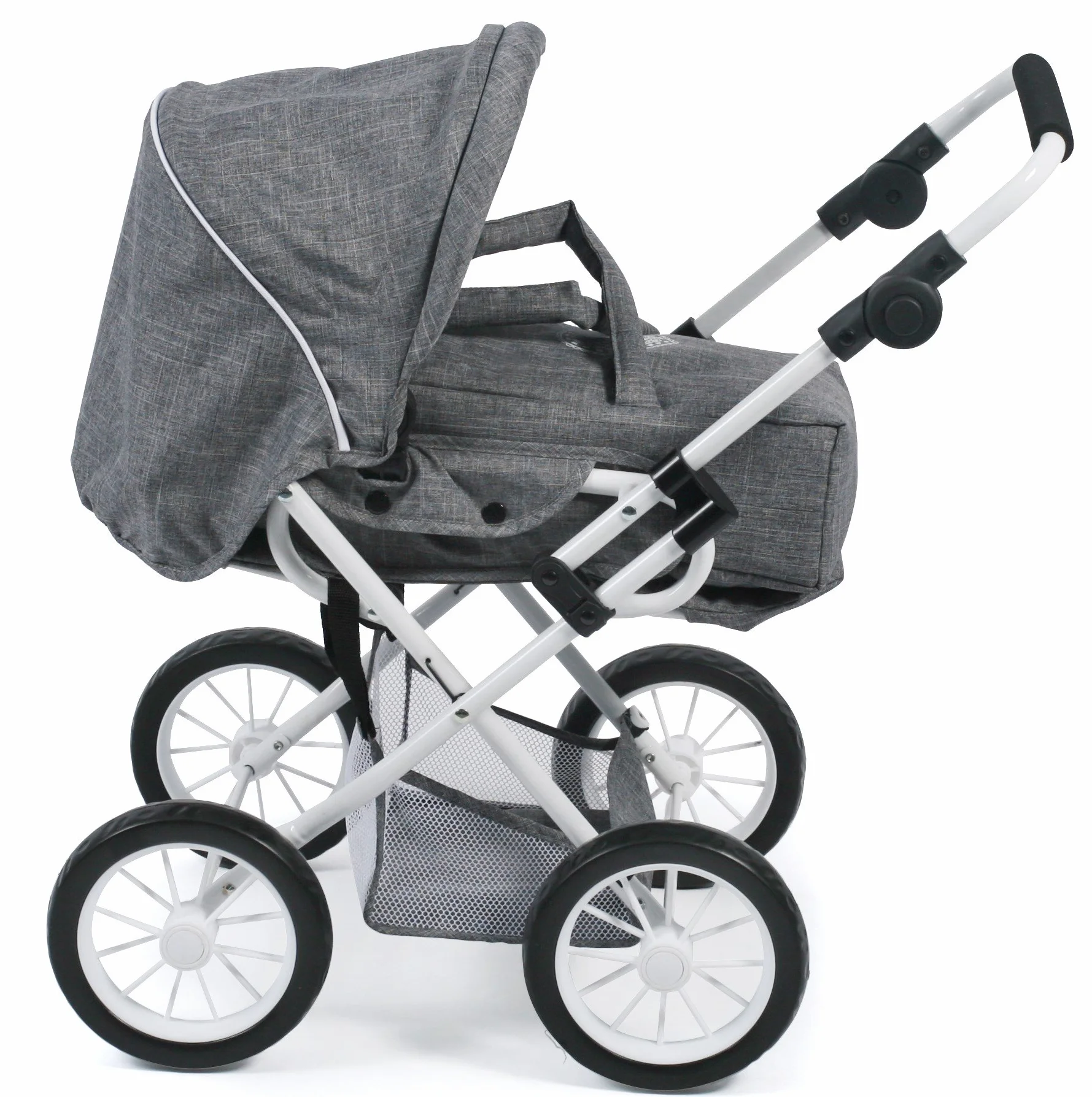Bayer Chic 2000 - Passeggino per Bambole Leni, Passeggino Combinato 2 in 1 con Borsa per Il Trasporto Rimovibile, Jeans Grigio, 46 cm