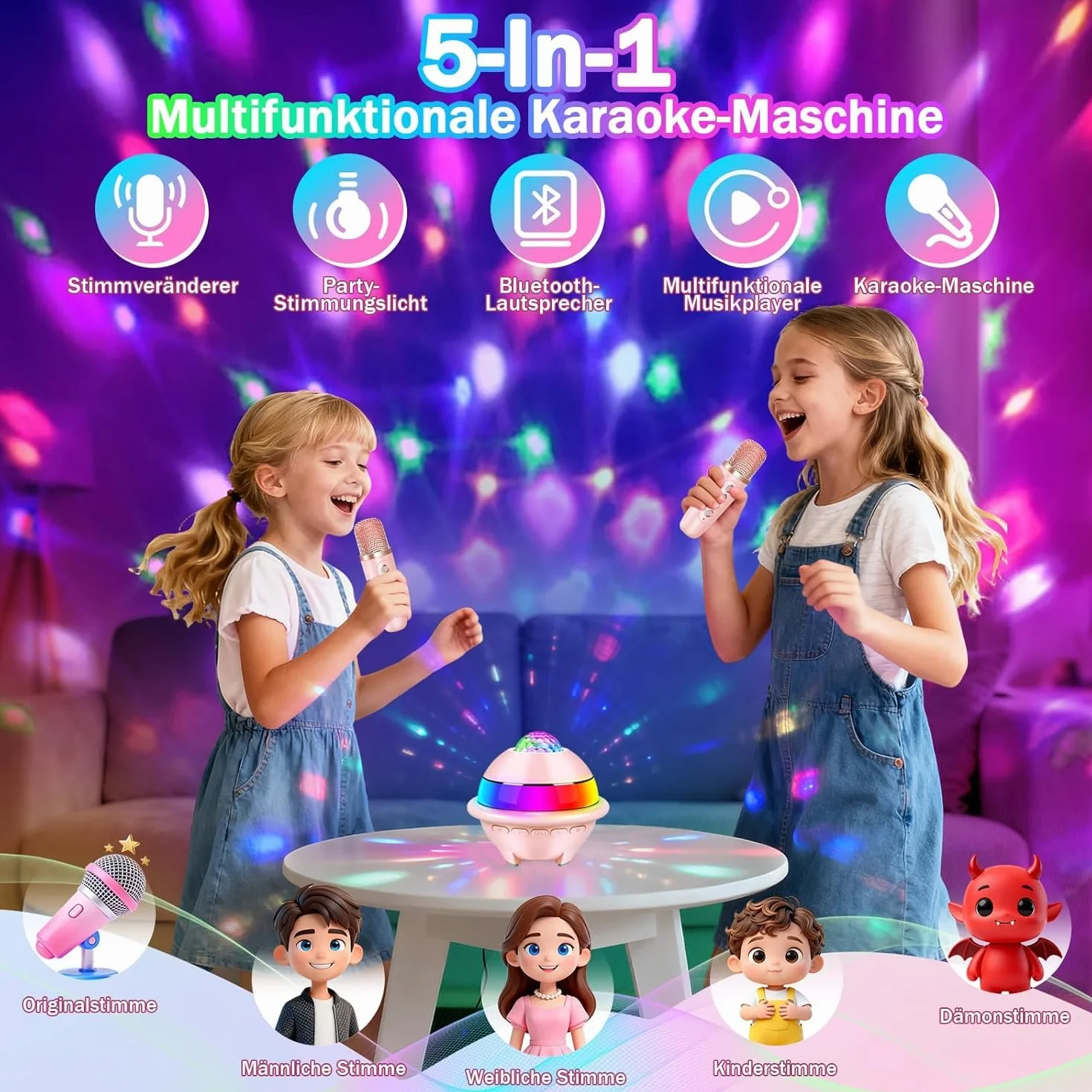 JONRRYIN Karaoke per Bambini con Luci Discoteca, Bluetooth Karaoke con 2 Microfono Wireless, 5 Luce LED e Cambia Voce, Regalo Compleanno per Ragazzi e Ragazze 3-15 Anni (Rosa)