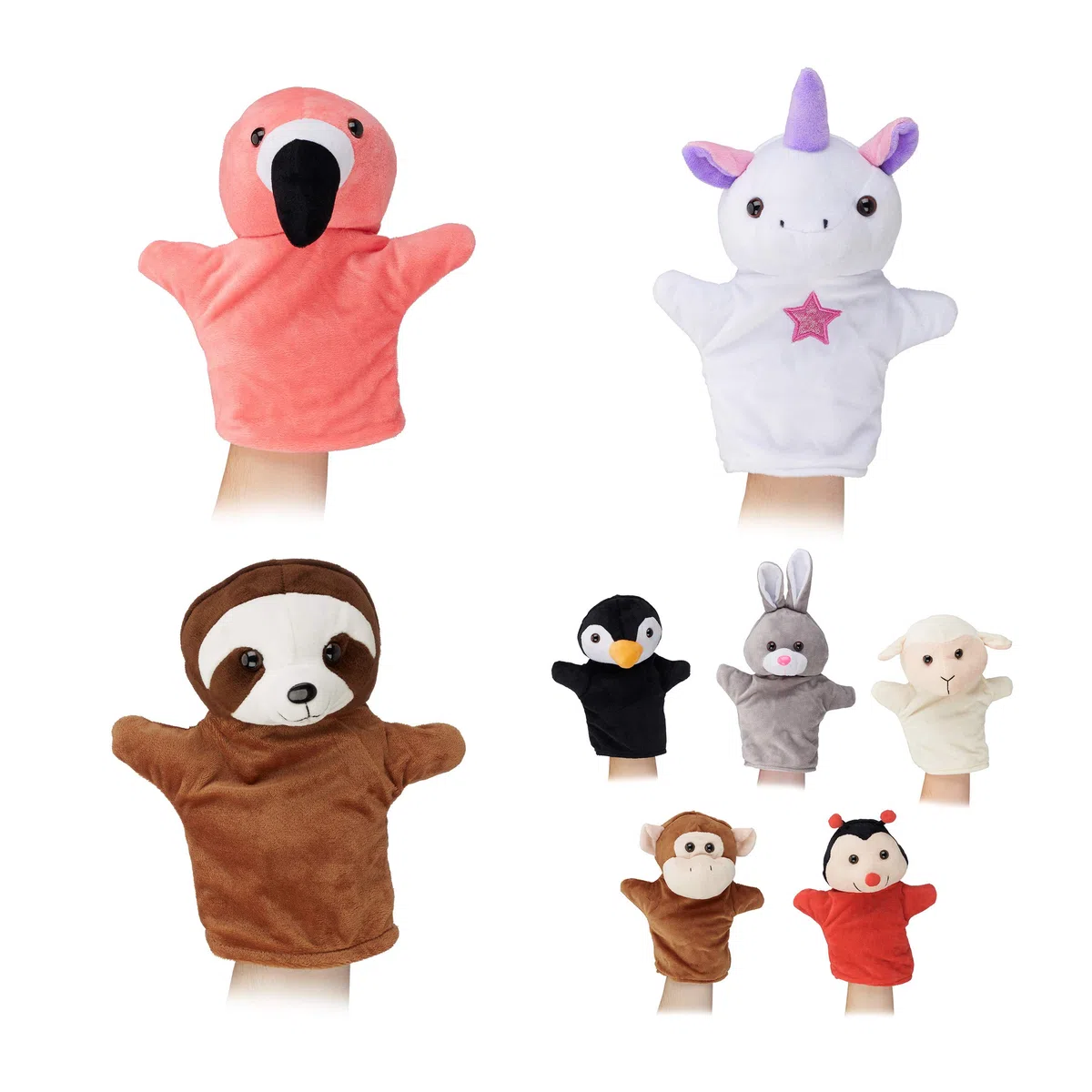 Relaxdays Burattini, Marionette, Bambini, Set da 8 Animali, Pinguino, Scimmia, Unicorno, Bradipo, Fenicottero, colorati