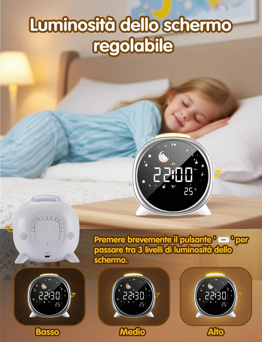 LIORQUE Sveglia Digitale per Bambini, Sveglia Bambini, 5 Suoni, Luce Notturna Regolabile, Display LCD con Modalità Sole e Luna, Doppia Allarme, Alimentazione USB, per Bambini e Bambine