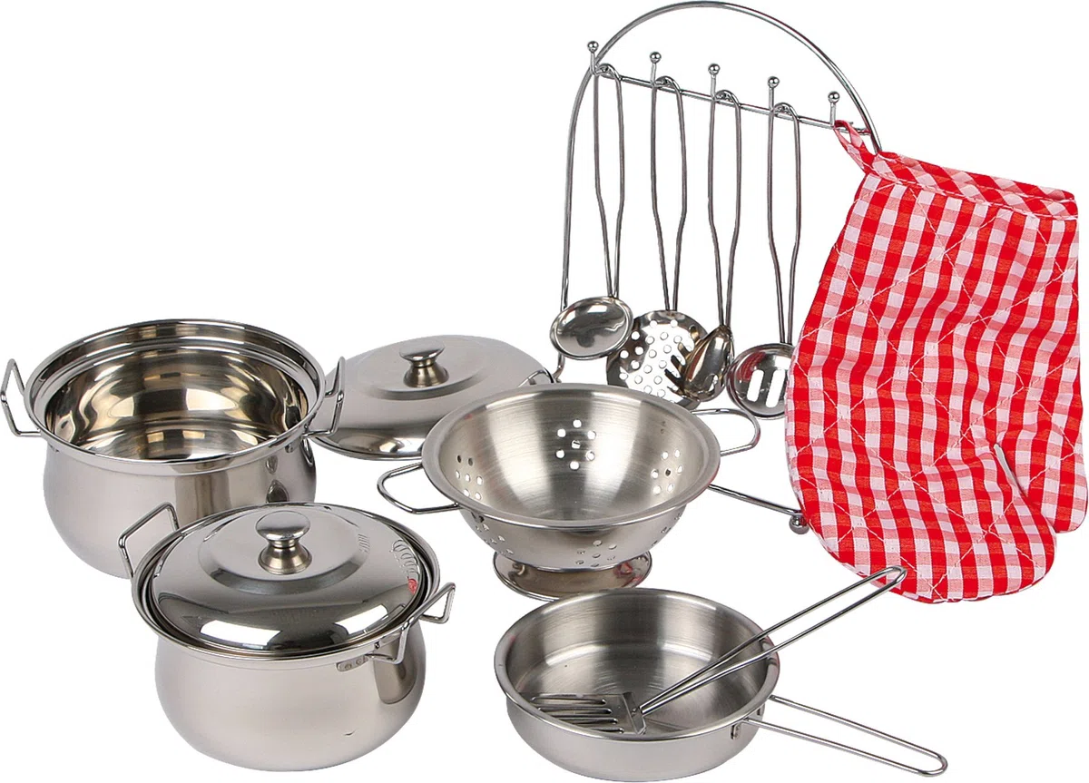 8968 Set stoviglie per cucina bambini "Gustav" in metallo small foot, incl. guanto da forno ed utensili di cucina, per cucine da gioco, a partire da 3 anni