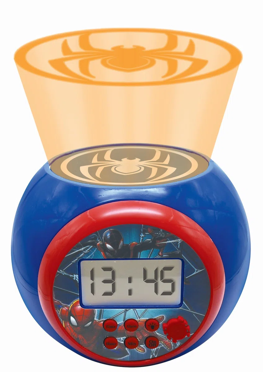 Lexibook - Marvel Spider-ManSveglia con proiettore con Funzione Snooze, Luce Notturna con Timer, Schermo LCD, a Batteria, Blu/Rosso, RL977SPLXB