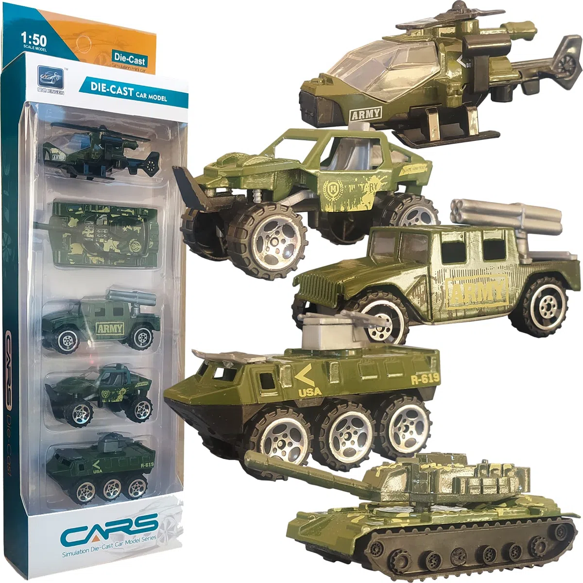 RECIÉNACIDOS Veicolo Militare Giocattolo per Bambini 3, 4, 5 e 6 Anni [5 Pezzi], Auto Militari Giocattolo, Elicottero, Jeep, Serbatoio, Fuoristrada per Bambini (Militare)