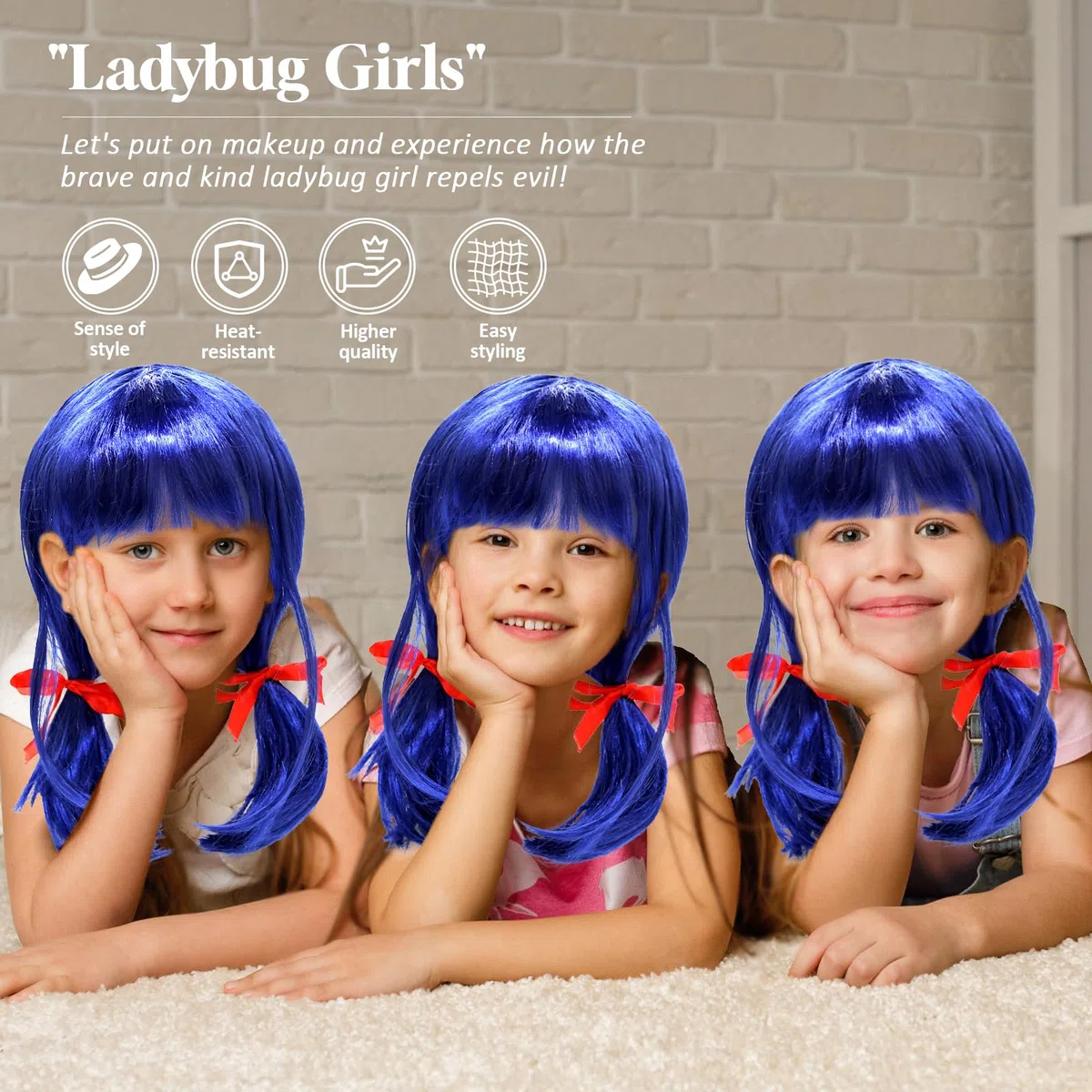 Parrucca Ladybug per Bambini, Parrucca Cosplay Blu Corta, Parrucca Ladybug Ragazze con Fiocchi Rossi, Parrucca Cosplay Anime, per Ragazze Cosplay Anime Costume Masquerade