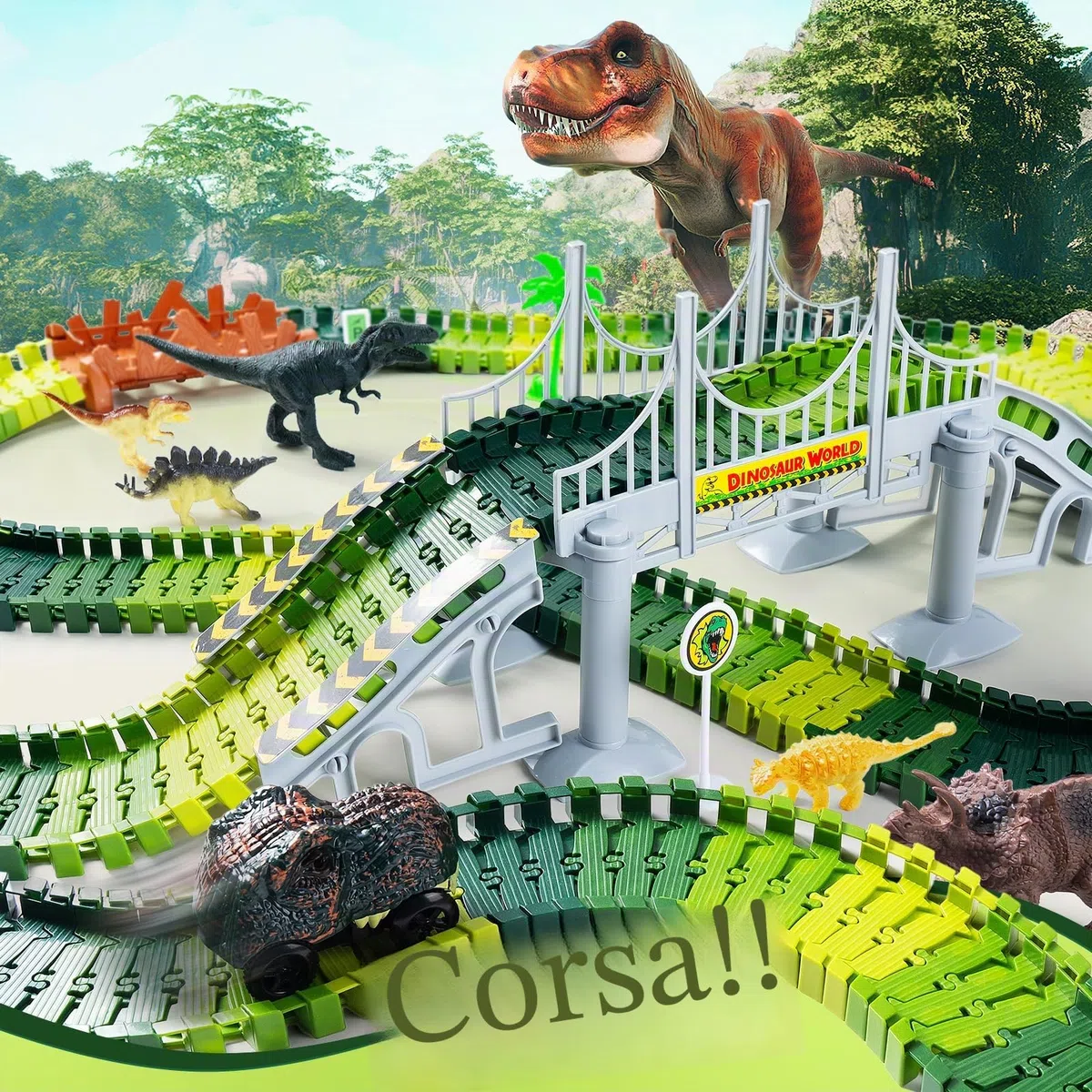 Pista Macchinine Dinosauro Giocattolo Autocarro Pista da Corsa Fai da te Giocattolo per Bambini con 2 Pezzi Dinosauri Auto per 3 4 5 6 Anni Ragazzi Ragazze compleanno festa favore regalo