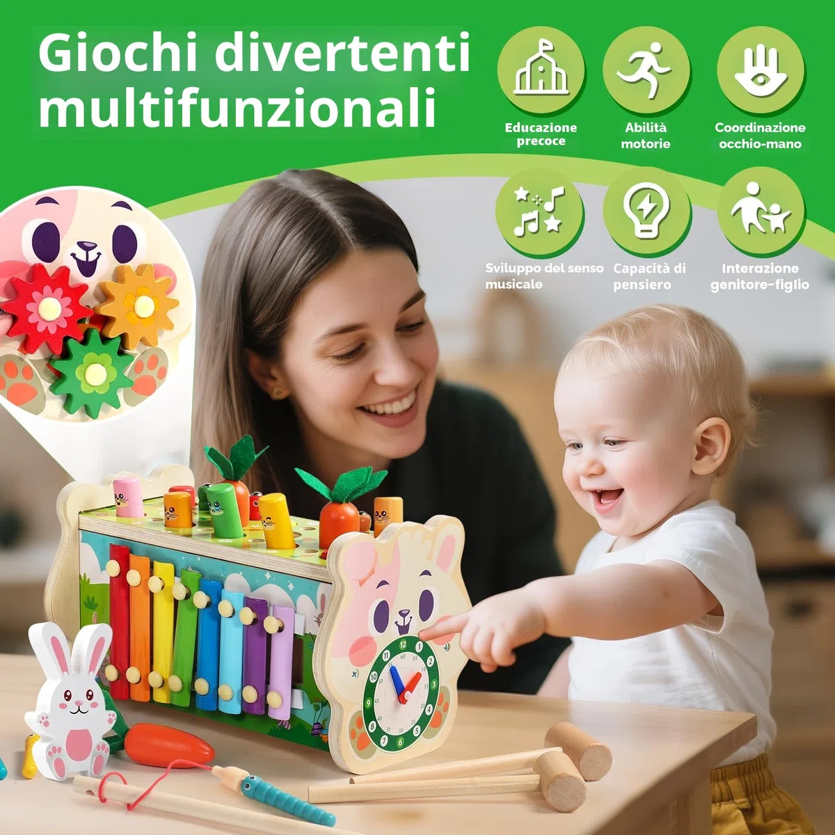 Fajiabao Giochi Montessori 1 Anno-7 in 1 Acchiappa la Talpa Giochi Bambini 1 Anno Cubo Multiattivita Legno Giocattoli con Martello,Strumenti Musicali Bambini Xilofono, Regalo Bambino 1-3 Anno