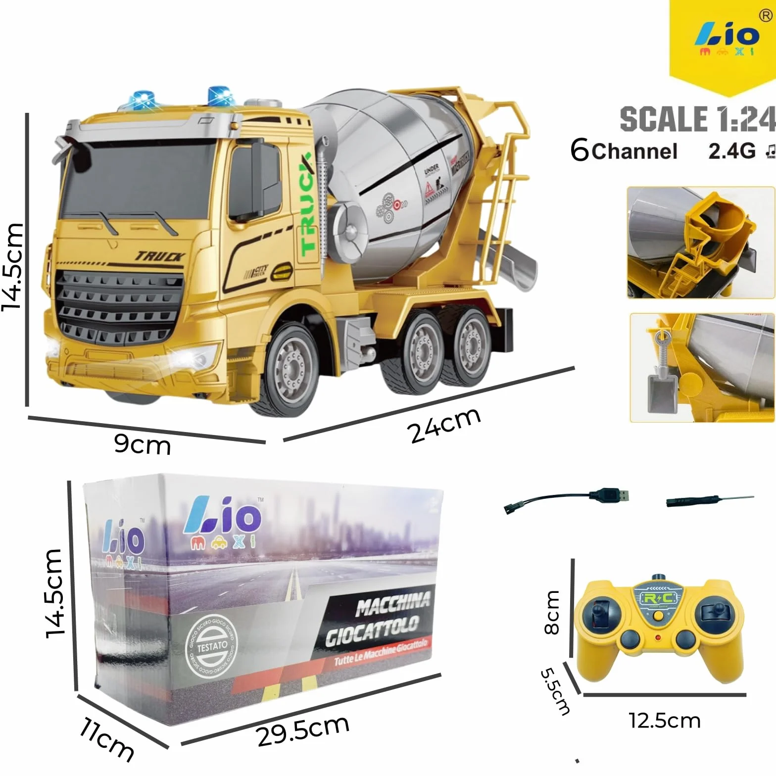 Camion betoniera con tutte le funzioni, giocattolo telecomandato alimentato a batteria, per bambini e bambine (di età 3-7), scala 1:24, con luci e suoni