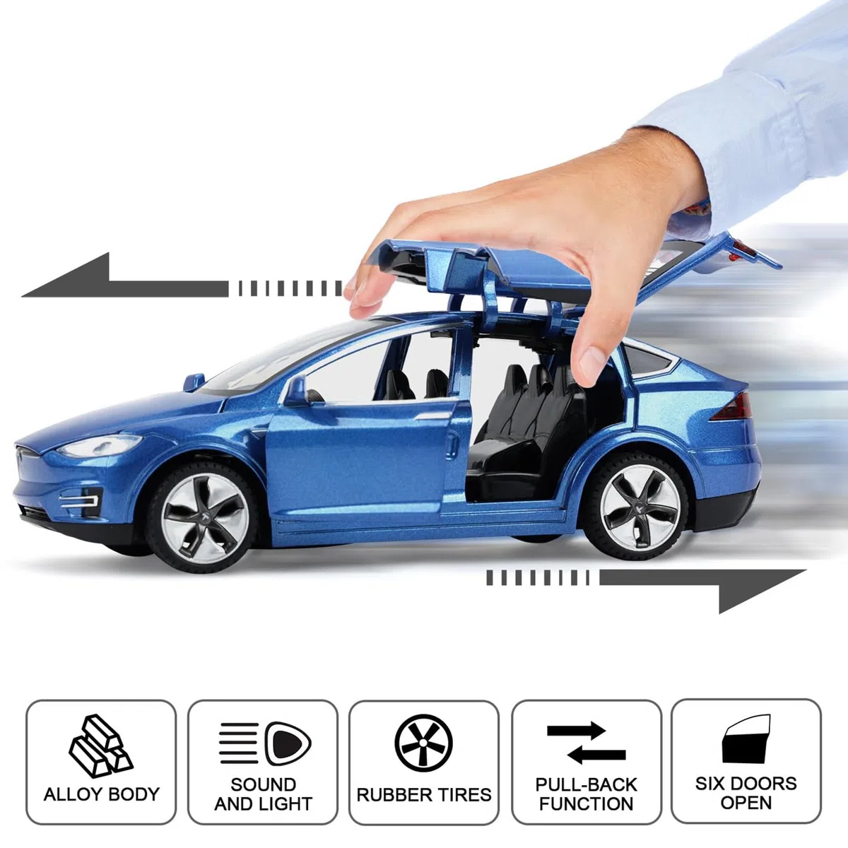 Tesla Model X 1:32 Modellino Macchinina con Luce e Musica, Funzione Pull-Back, Lega Pressofusa, Ideale per Bambini dai 3 anni e Collezionisti (Blu)