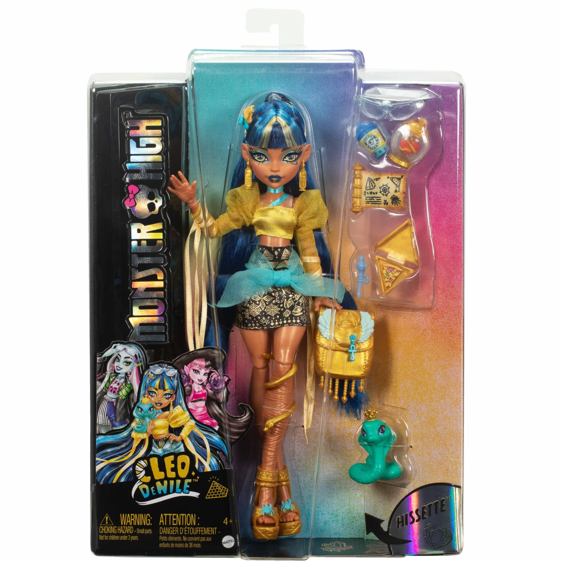 Monster High - Cleo de Nile, bambola con camicetta dorata e gonna a strati, cucciolo di cobra Hissette e accessori come zaino, snack e pergamena inclusi, giocattolo per bambini, 4+ anni, HXH74