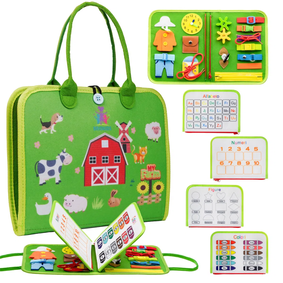 Libro Montessori Interattivo in Feltro - Busy Board Montessori Italiano - Gioco Bambino 2, 3, 4 Anni - Valigetta Sensoriale con Giochi Educativi per Maschio e Femmina per Sviluppo Cognitivo