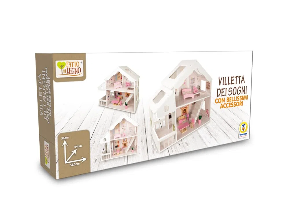 Teorema FATTO DI LEGNO – Casa delle Bambole in Legno con Solario e Accessori, Villetta Grande 58,5x24x56 cm per Bambina 3+ Anni, Dollhouse Completa