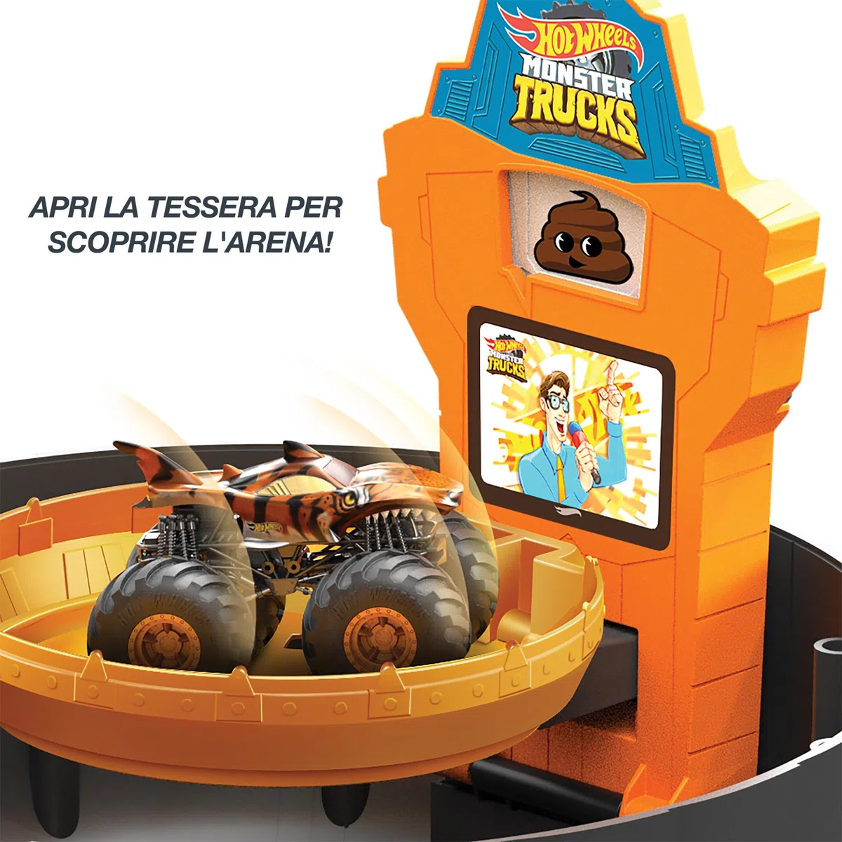 Hot Wheels Monster Trucks - Ruota Acrobatica, playset arena portatile con 3 veicoli Monster Trucks e 3 macchinine in scala 1:64 incluse, giocattolo per bambini, 4+ anni, HHY74