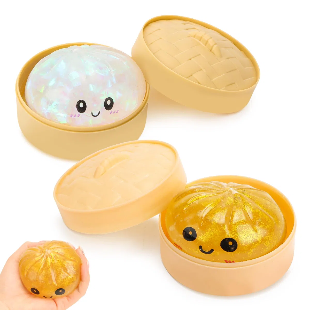 Dumpling Squishy Mystery, 10 cm Glitter Dumpling con vapore, Rainbow Mystery Squishy Bun, giocattolo sensoriale, palla antistress per bambini e adulti (2 pezzi)