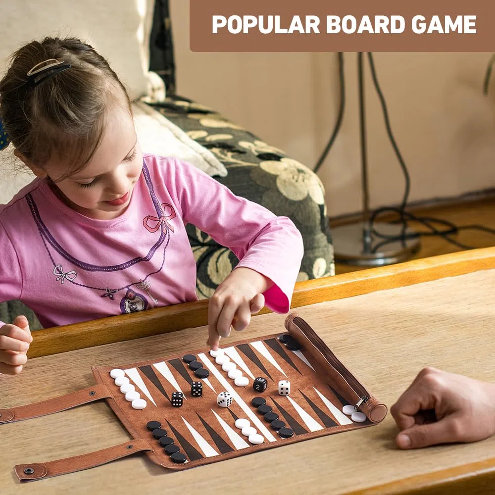 Backgammon da Viaggio, Set Backgammon in Vera Pelle con Pedine e Dadi, Gioco da Viaggio da Arrotolare per Adulti Adolescenti, Alta qualità