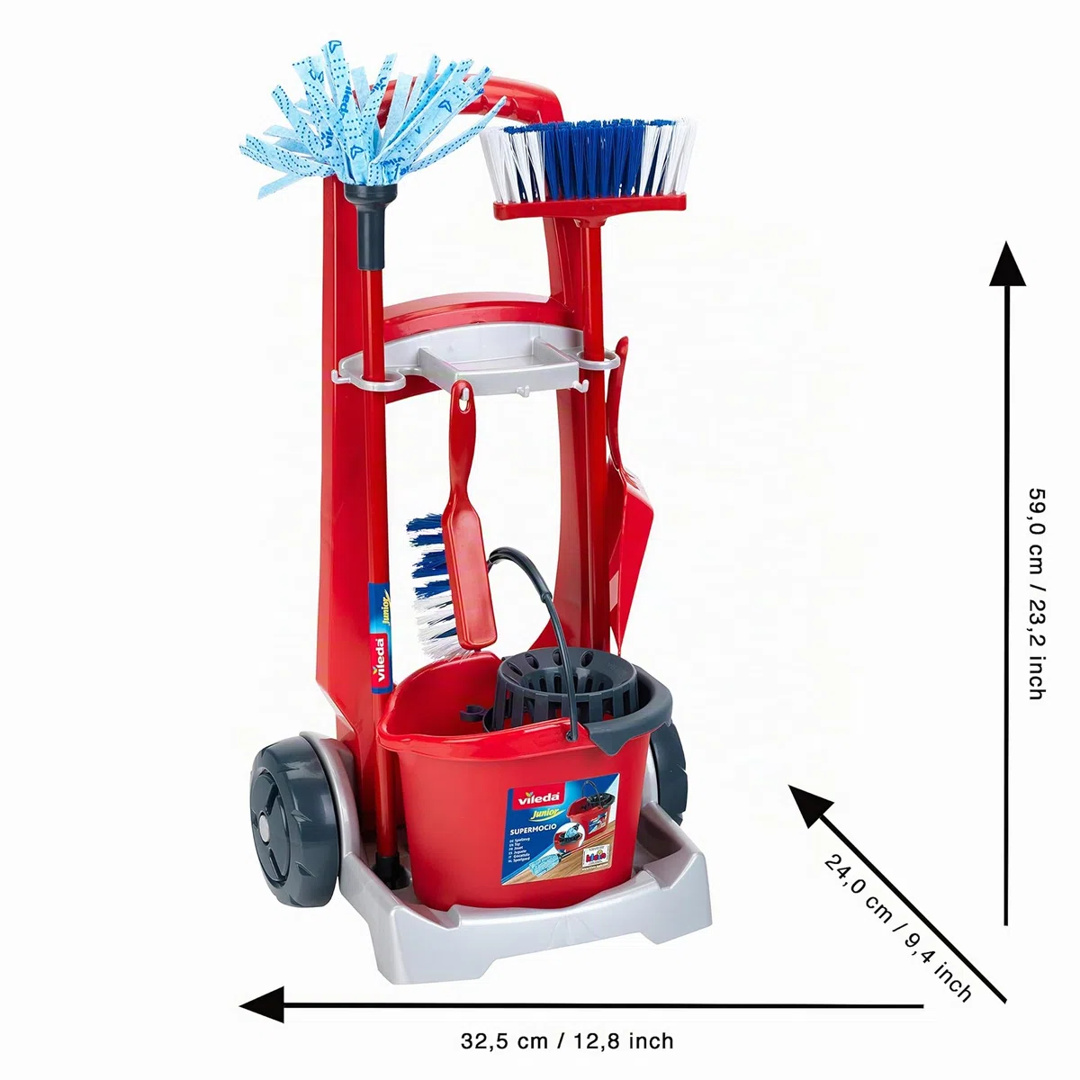 Theo Klein 6720 Carrello per le pulizie Vileda con aspirapolvere verticale, Include secchio, scopetta e paletta, 29 cm x 24 cm x 60 cm, Giocattolo per bambini dai 3 anni in su