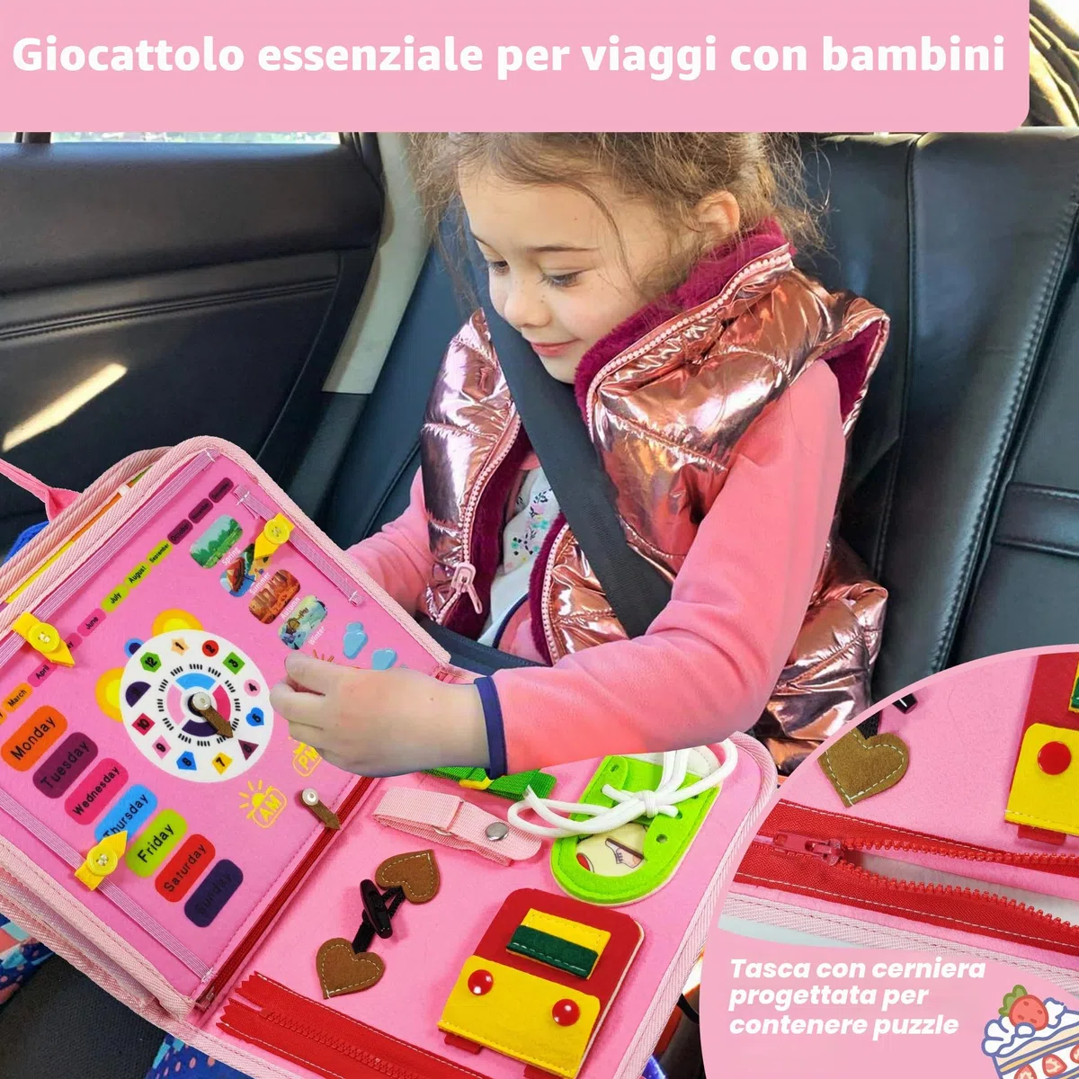 TenFans Busy Board - Giocattolo Montessori da 1 a 4 Anni, Giocattoli sensoriali, Regali per Ragazze per Imparare Le abilità motorie, attività educative, Giocattolo da Viaggio per Auto e Aereo