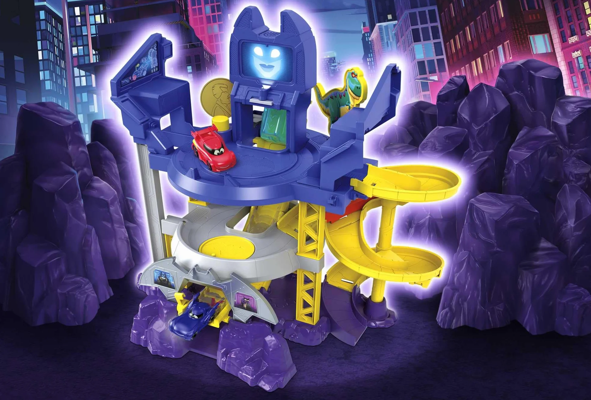 Fisher-Price DC Batwheels - Batcaverna Lancia e Sfreccia, playset con 3 piani di gioco, luci e suoni, veicoli Bam la Batmobile e Redbird inclusi, giocattolo per bambini, 3+ anni, HRJ21