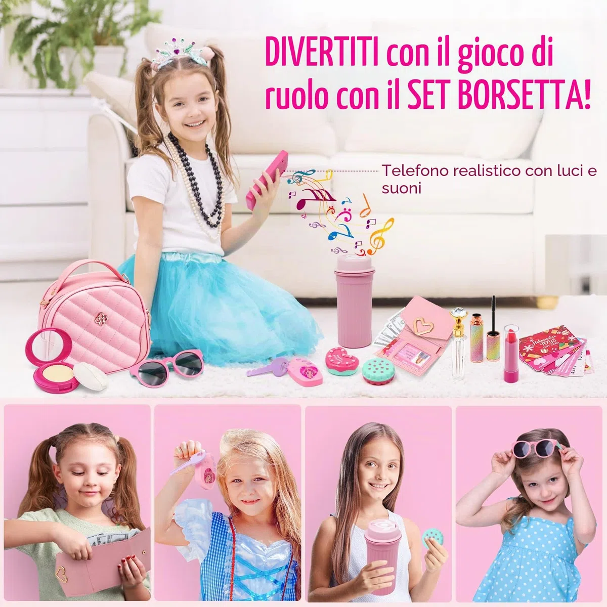 Borsetta per Bambina con Accessori Giocattolo, Trucchi Bambina, Telefono Giocattolo con Luce e Suono Portafoglio Carta di Credito Bottiglia d'acqua, Regali di Compleanno di Natale per Ragazze 3+ Anni