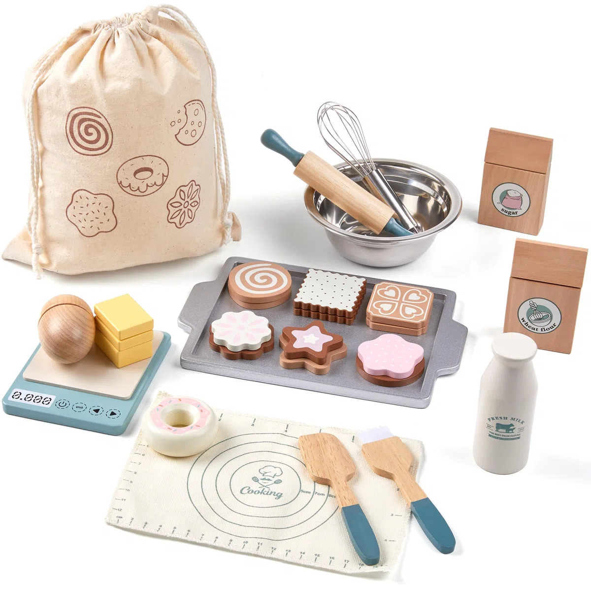 Set di alimenti da gioco in legno per bambini piccoli Giocattoli cibo pretend play accessori da cucina con borsa della spesa