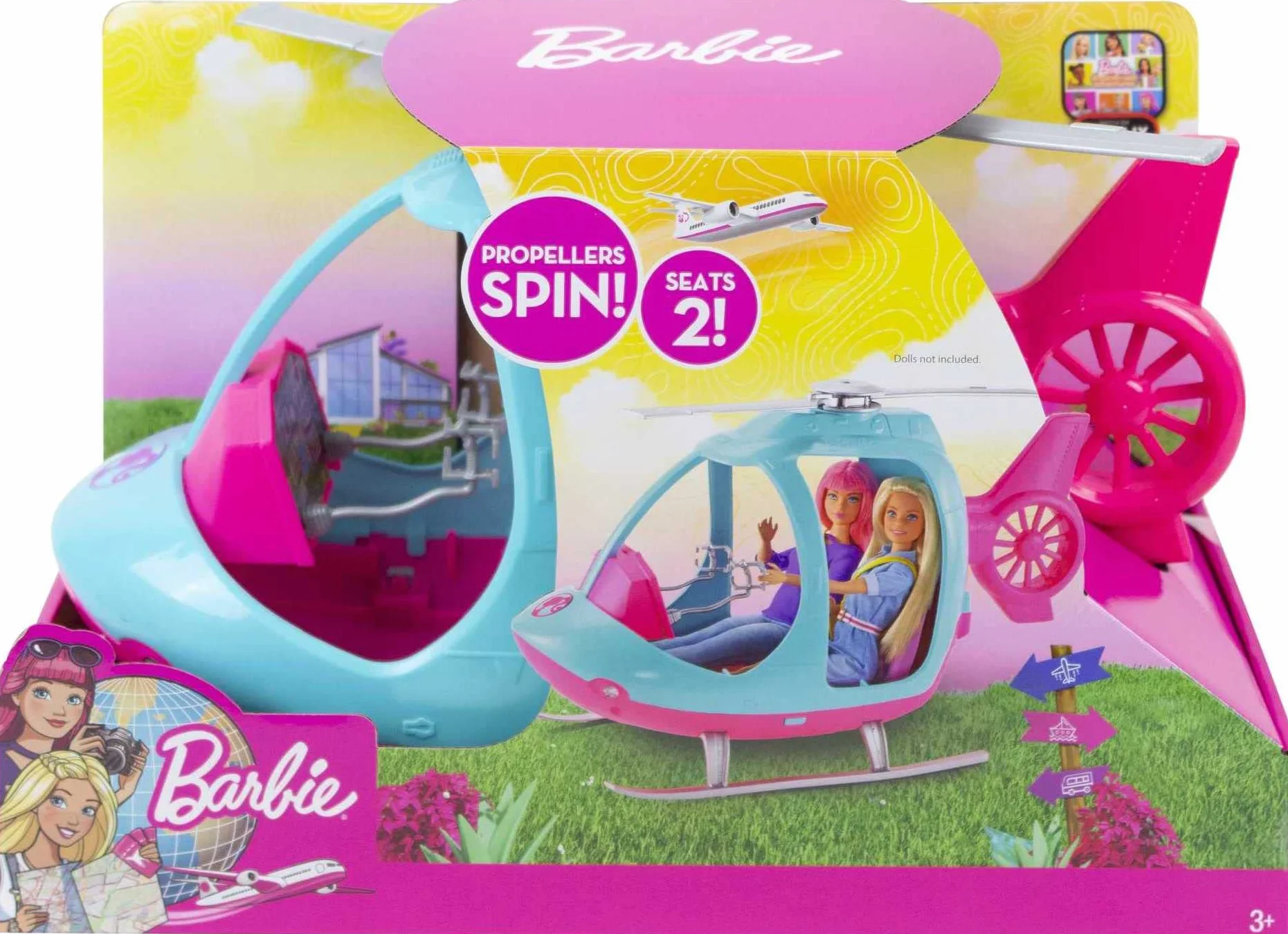 Barbie l'Elicottero per Bambole, Rosa e Azzurro con Elica Che Gira, Giocattolo per Bambini 3 + Anni, FWY29