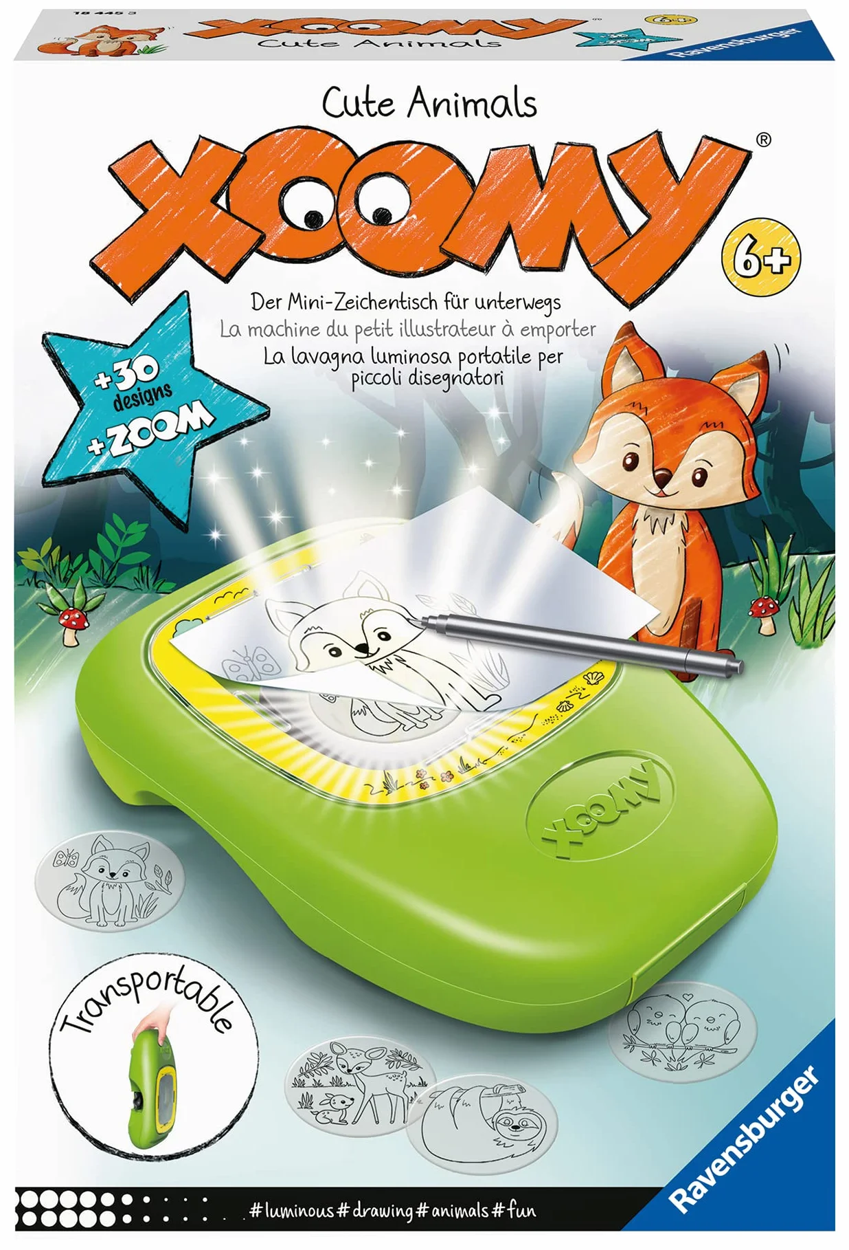 Ravensburger - XOOMY Midi, Cute Animals, Tavolo da Disegno Portatile con Proiettore Luminoso, Kit Disegno Bambini con 30 Motivi Illustrati in 20 Pellicole, Gioco Creativo, Idea Regalo Bambini 6+ Anni