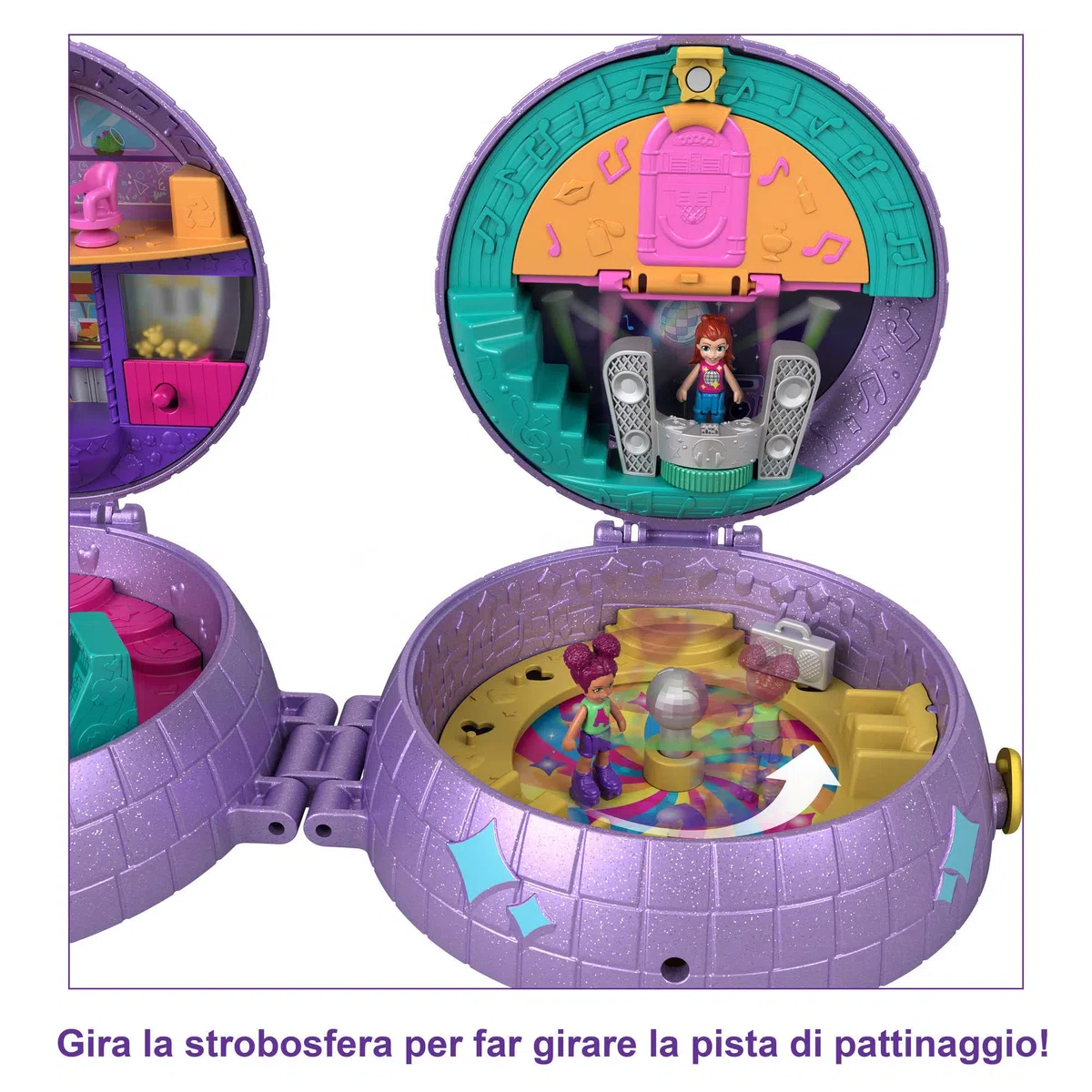 Polly Pocket Double Play - Cofanetto Pattinaggio - Set 2 in 1 Pattinaggio in Discoteca - 2 Bambole - 15 Accessori - Regalo per Bambini 4+ Anni, HCG24