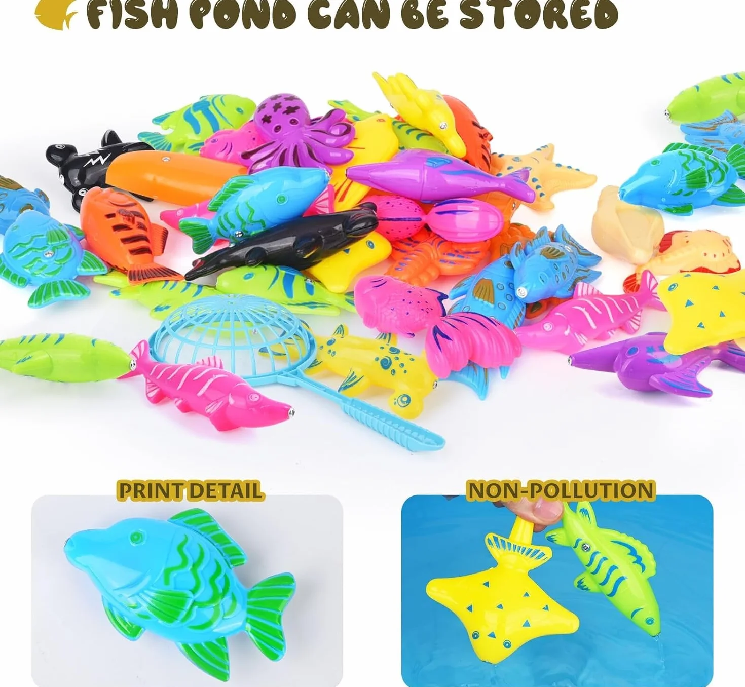 Set di 40 giocattoli da pesca magnetici per bambini con canna da pesca e rete, pesci galleggianti in plastica per vasca da bagno